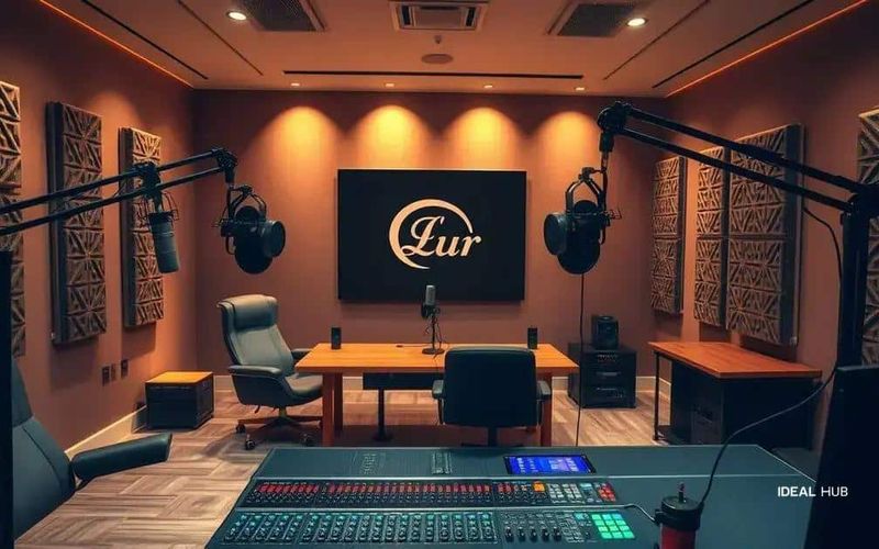 Setup de podcast com microfone e fones
