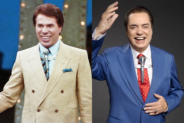 Silvio Santos ao microfone em cenário de estúdio de TV antigo