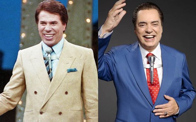 Silvio Santos ao microfone em cenário de estúdio de TV antigo