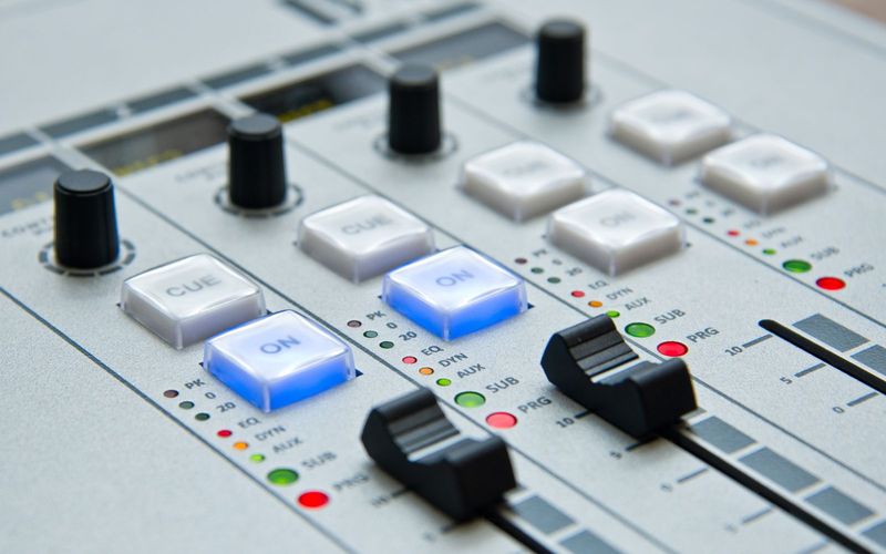 Close-up de painel de controle profissional de rádio, com botões ON e CUE iluminados em azul e faders de áudio, remetendo ao momento em que a emissora entra no ar para se identificar