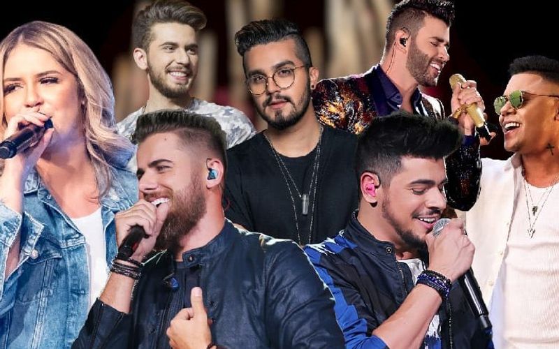 Artistas e instrumentos musicais sertanejos em estúdio de rádio