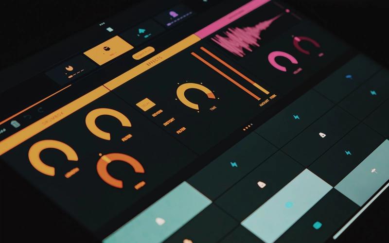 Tela de software de produção musical com controles circulares coloridos e uma forma de onda sonora em rosa, representando identidade sonora de marca