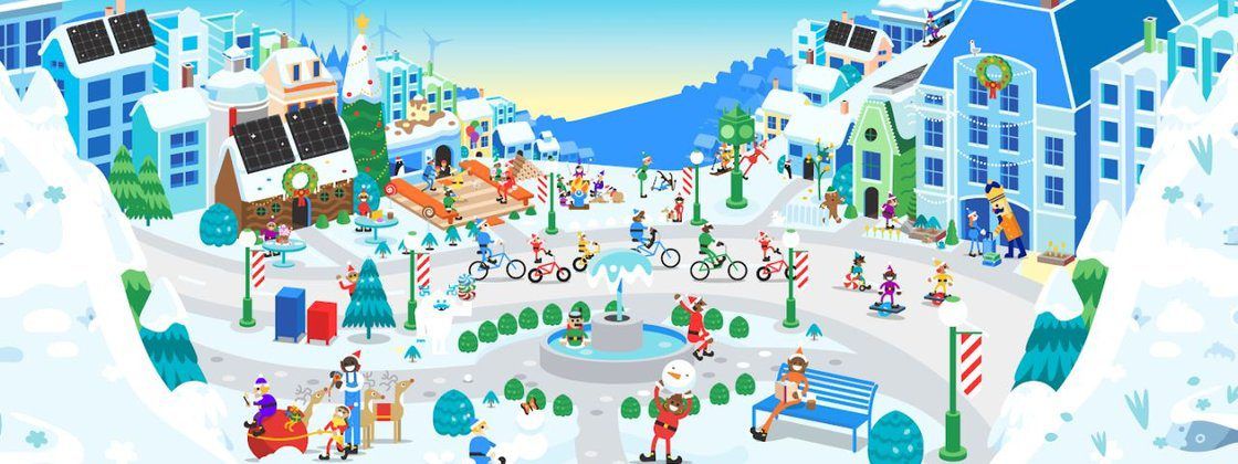 Papai Noel em trenó puxado por renas circulando no Polo Norte