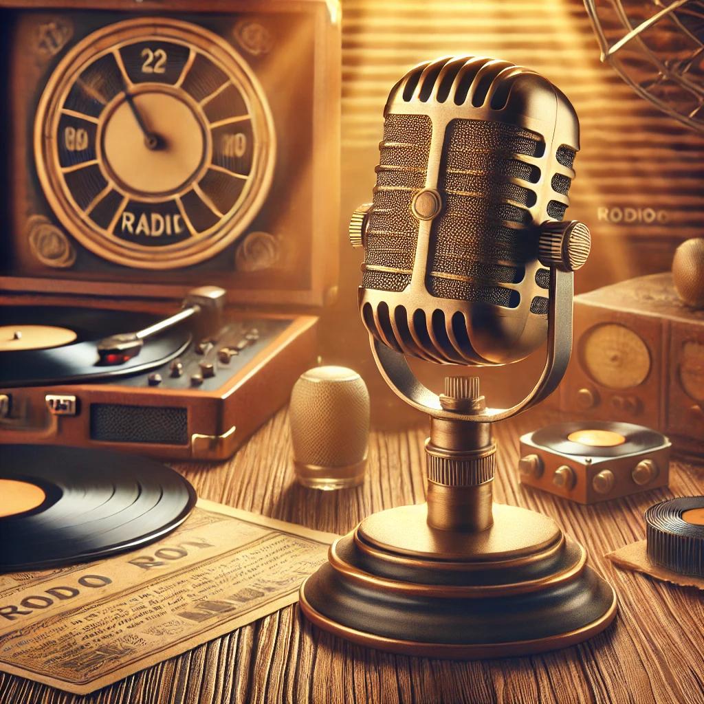 Estúdio de rádio vintage com equipamentos clássicos e locutores ao microfone