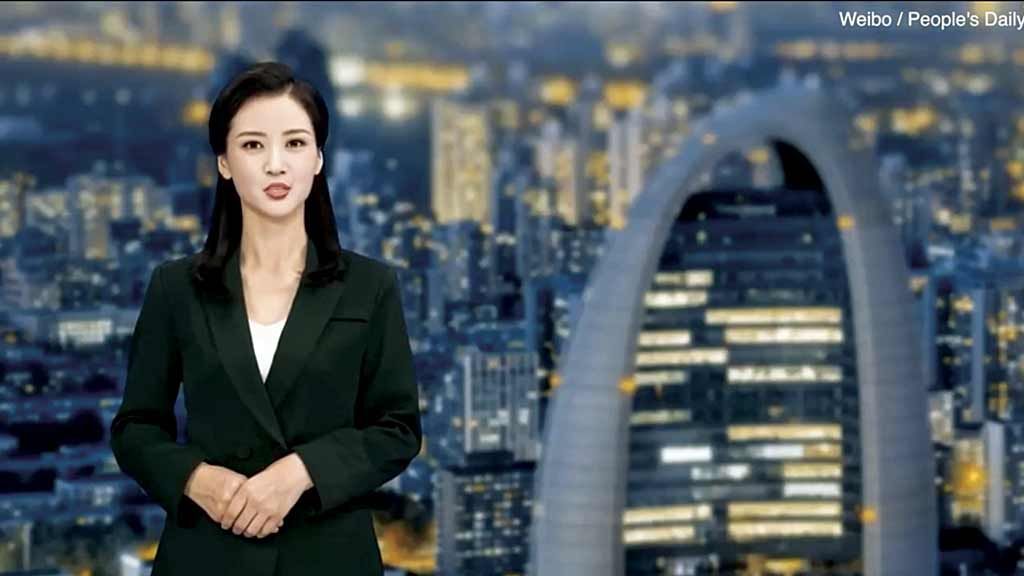 Apresentadora virtual em estúdio de televisão com interface digital moderna