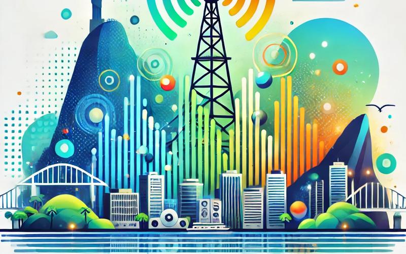 Logo Band FM com skyline do Rio de Janeiro e estrutura de transmissão
