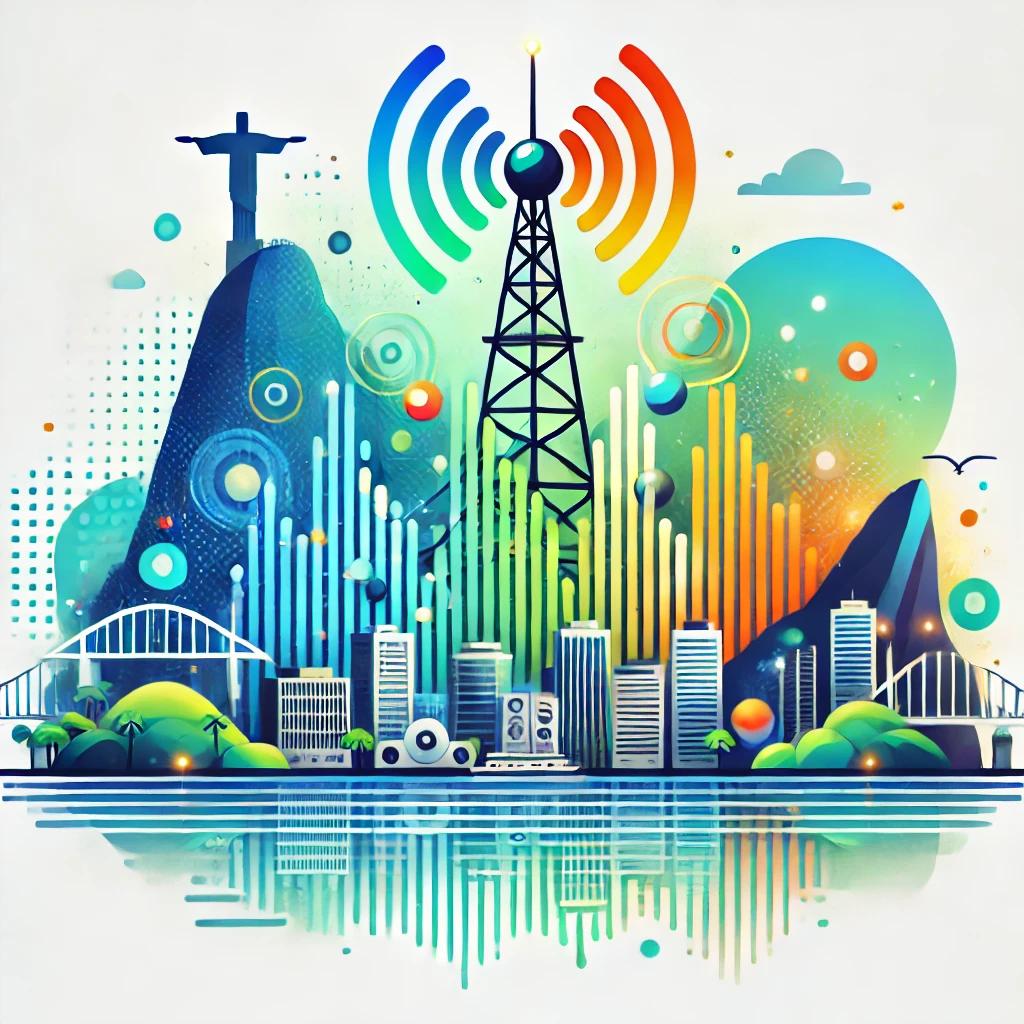 Logo Band FM com skyline do Rio de Janeiro e estrutura de transmissão