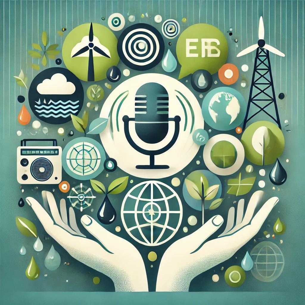 Microfone em close com elementos de transmissão radiofônica e símbolo de planeta