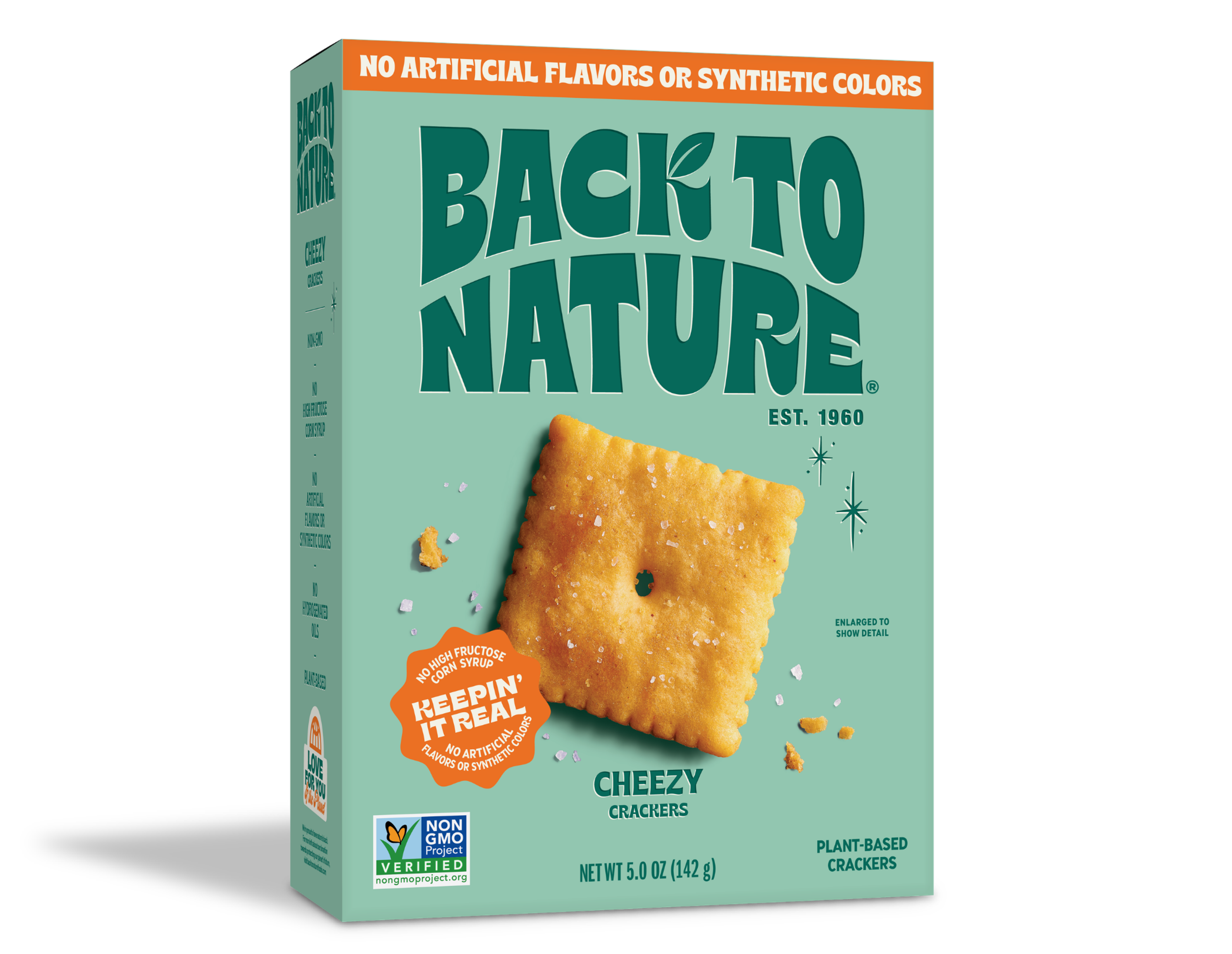 Seafoam green box of Back to Nature Cheezy Crackers