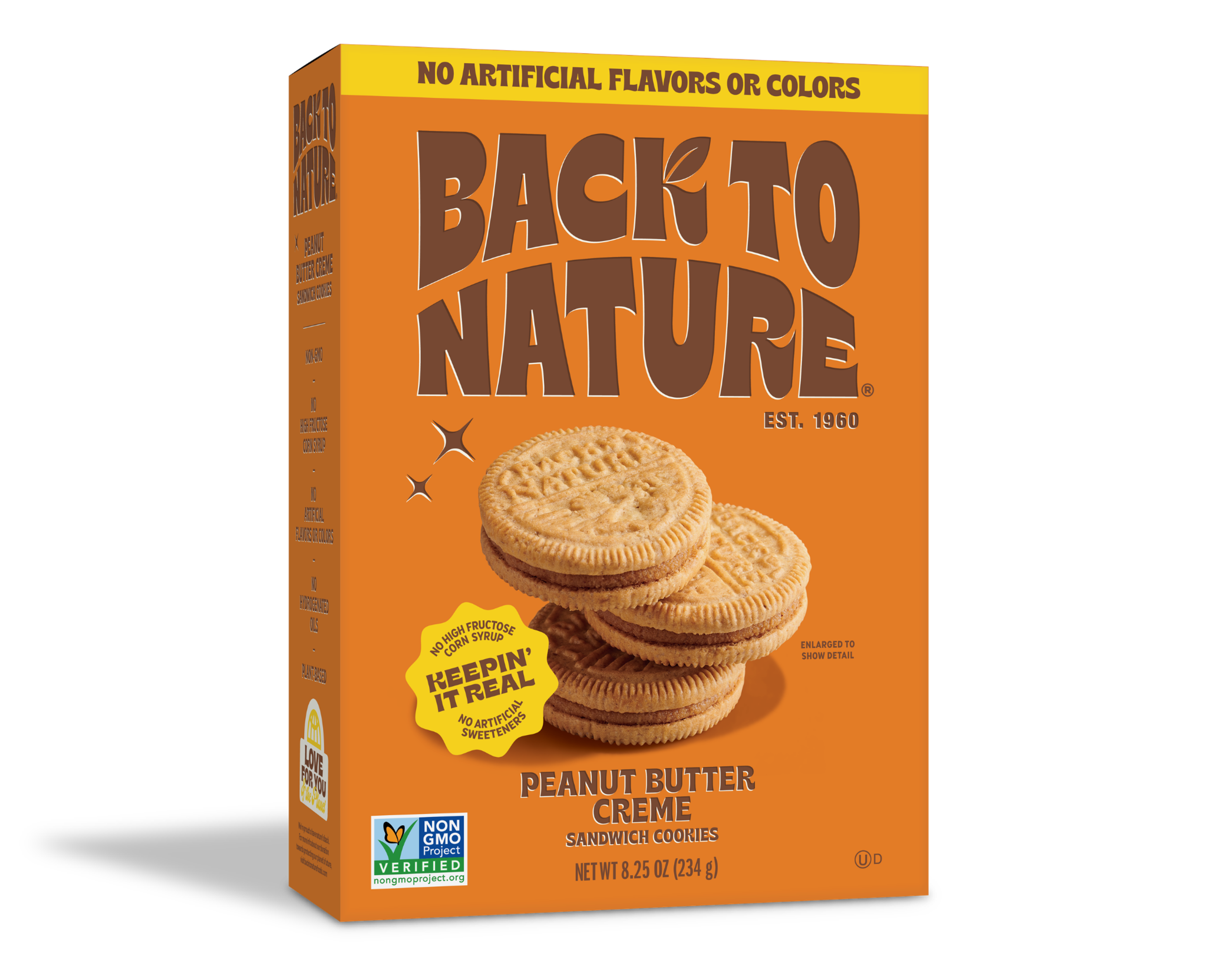 Orange box of Back to Nature Peanut Butter Creme Sandwich Cookies