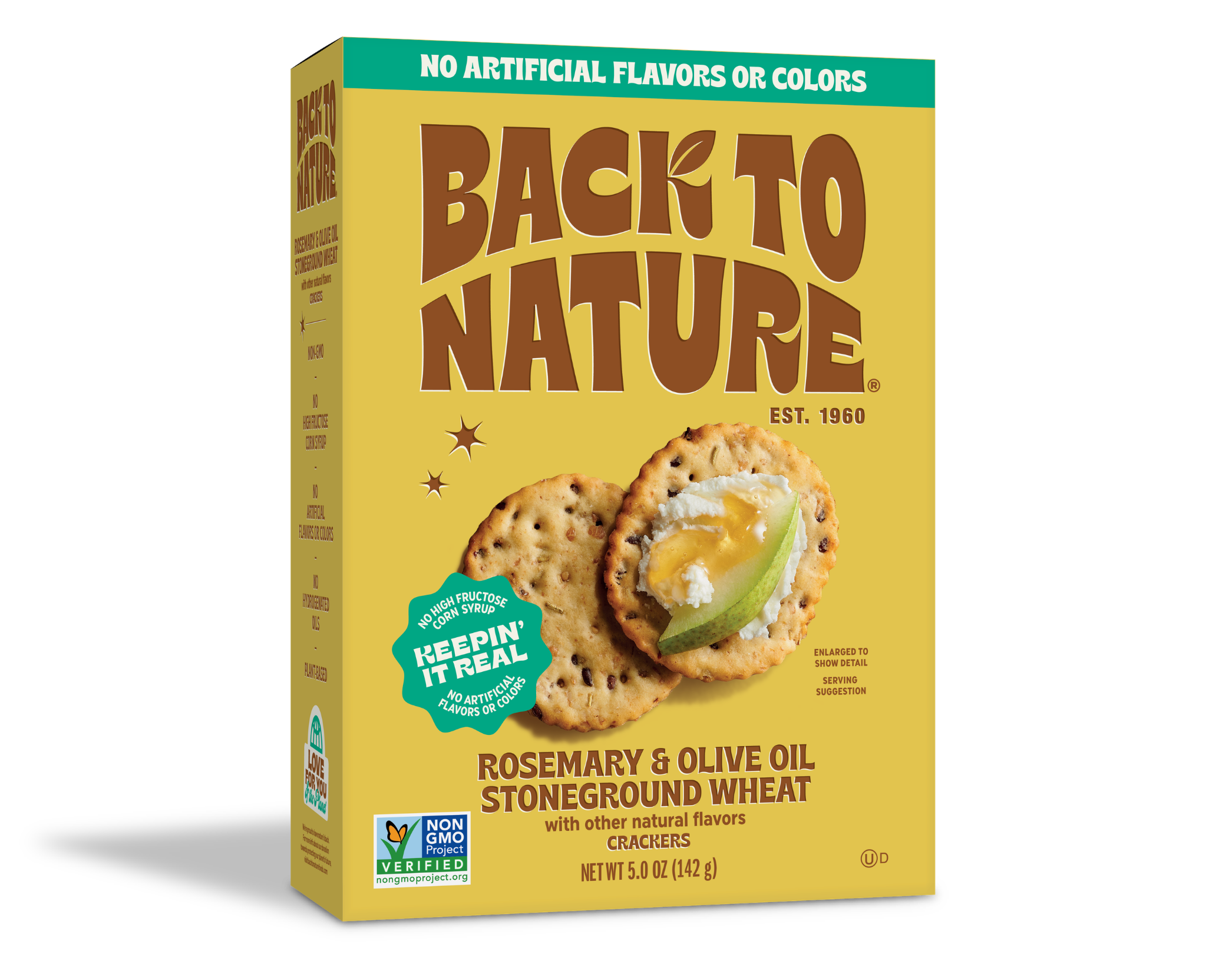 Light yellow box of Back to Nature Rosemary and Olive Oil Stoneground Wheat Crackers
