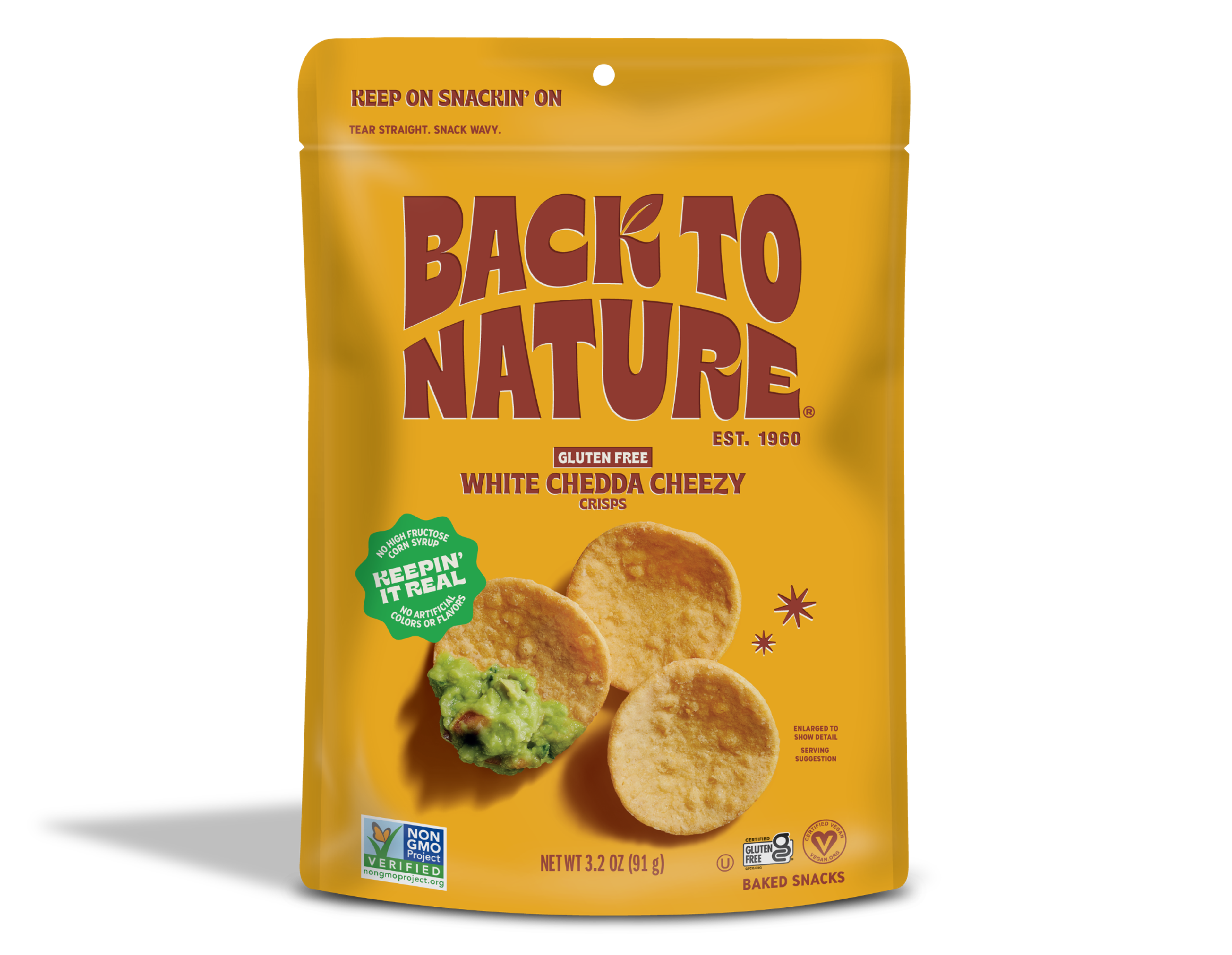 Dark yellow bag of Back to Nature White Chedda Cheezy Crisps