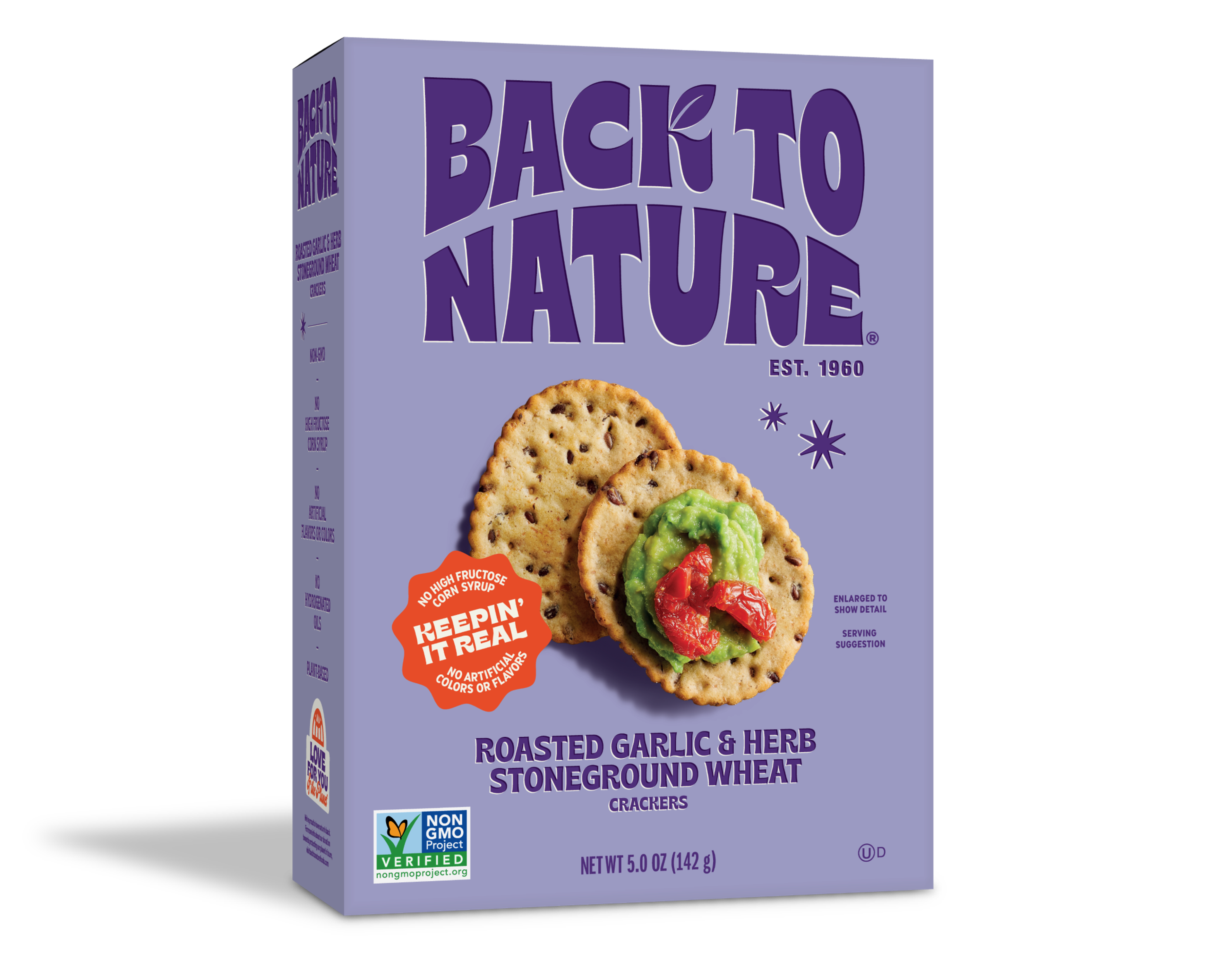 Purple box of Back to Nature Roasted Garlic and Herb Stoneground Wheat Crackers