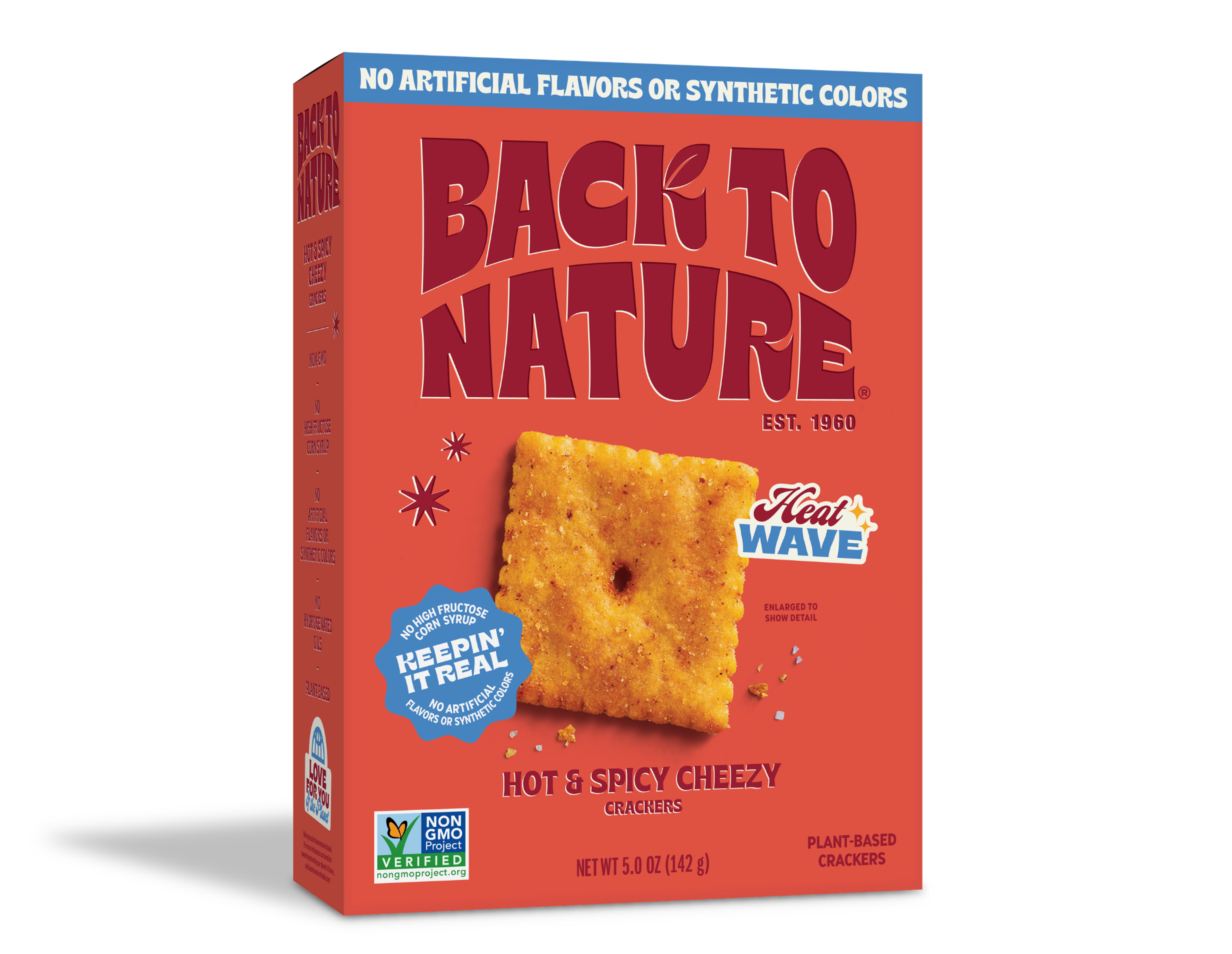 Light red box of Back to Nature Hot & Spicy Cheezy Crackers