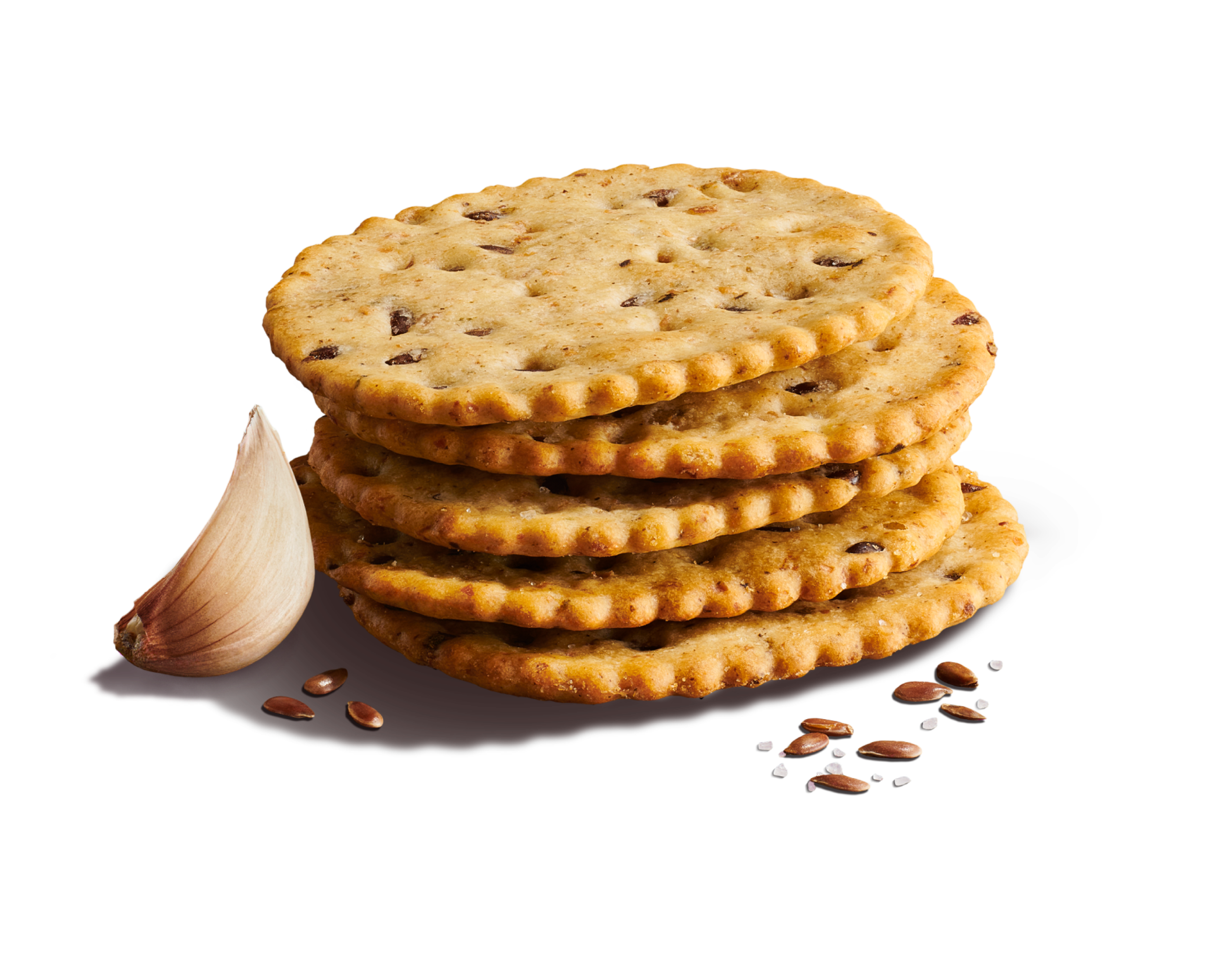 Close-up of two layered, round crackers on a light purple background with a scoop of guacamole and peppers. 