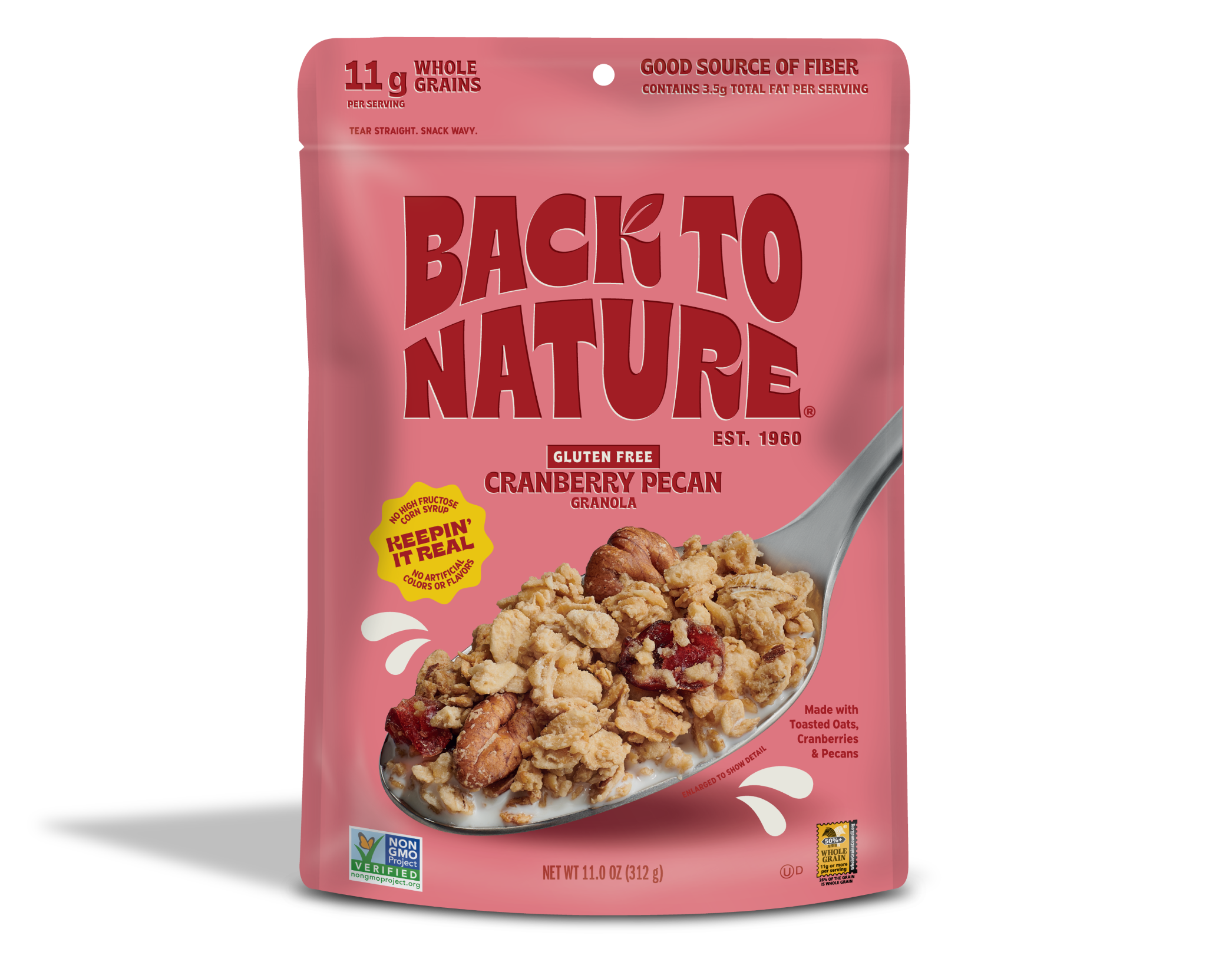 Dark pink bag of Back to Nature Gluten Free Cranberry Pecan Granola