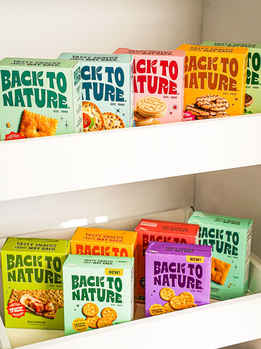 A pantry stocked with back to nature cookies and crackers