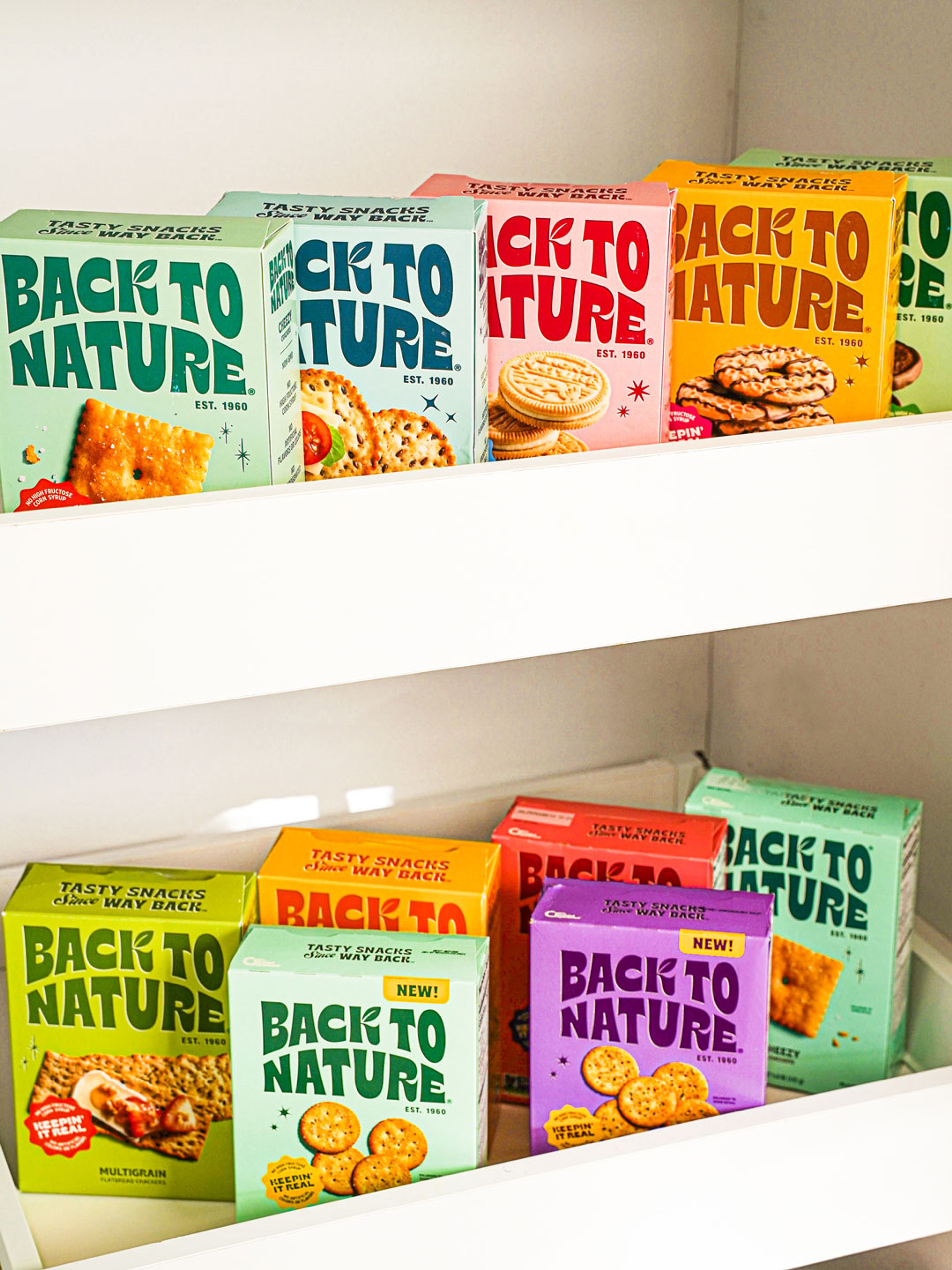 A pantry stocked with back to nature cookies and crackers
