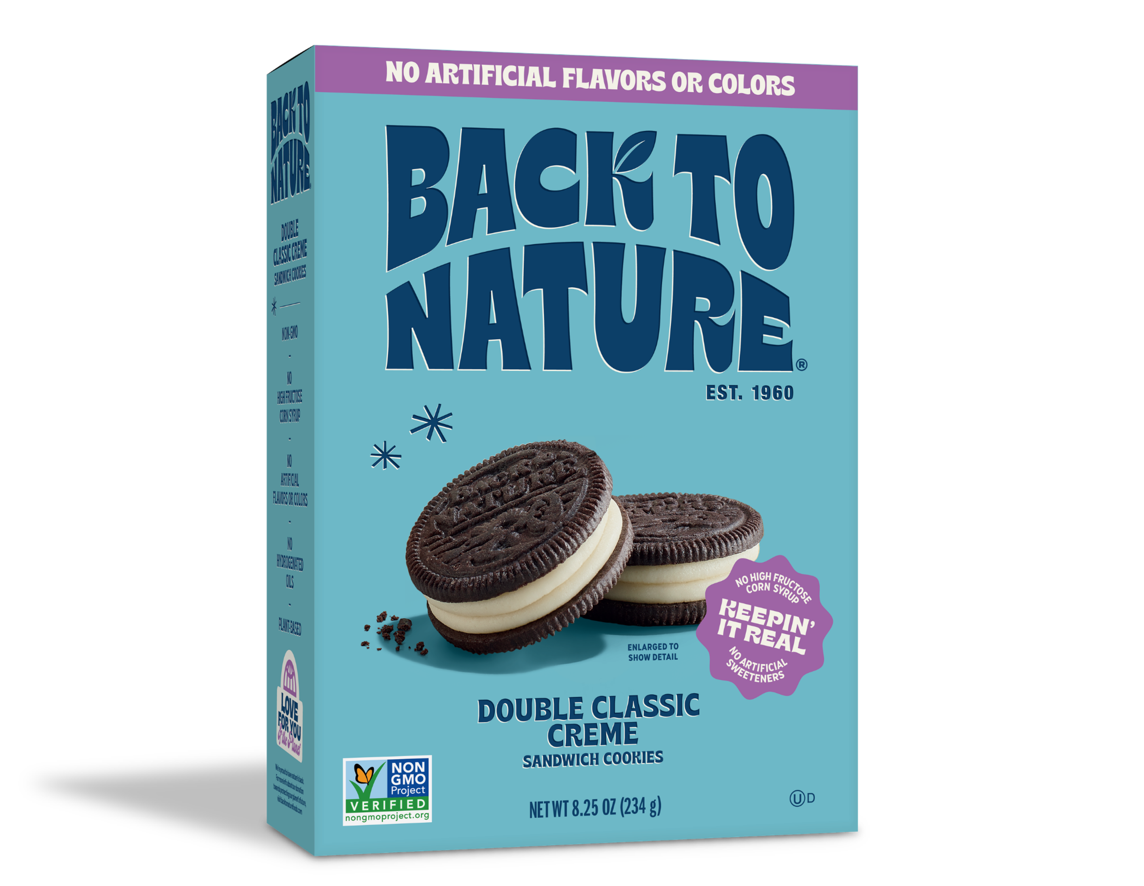 Light blue box of Back to Nature Double Classic Creme Sandwich Cookies