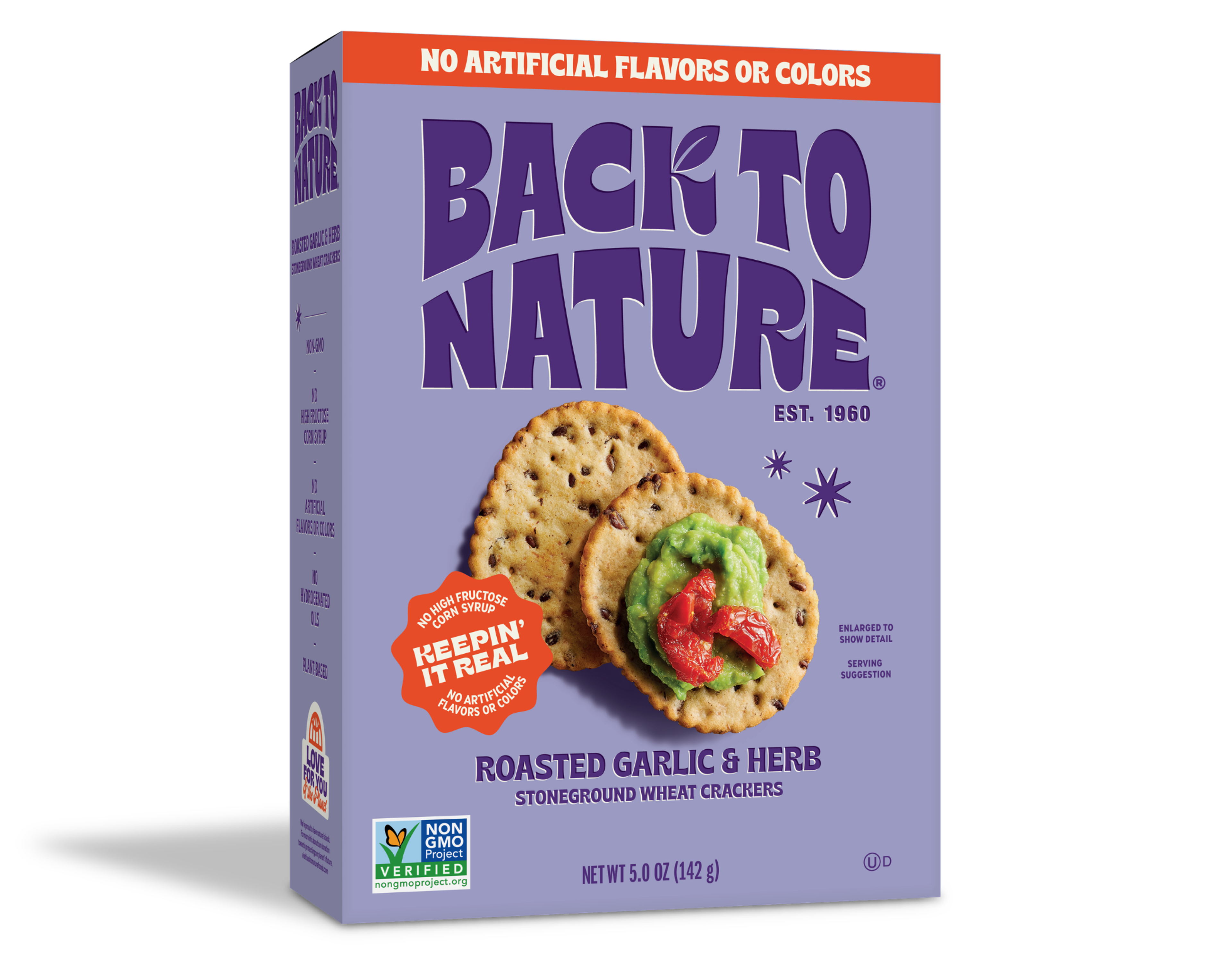 Purple box of Back to Nature Roasted Garlic and Herb Stoneground Wheat Crackers