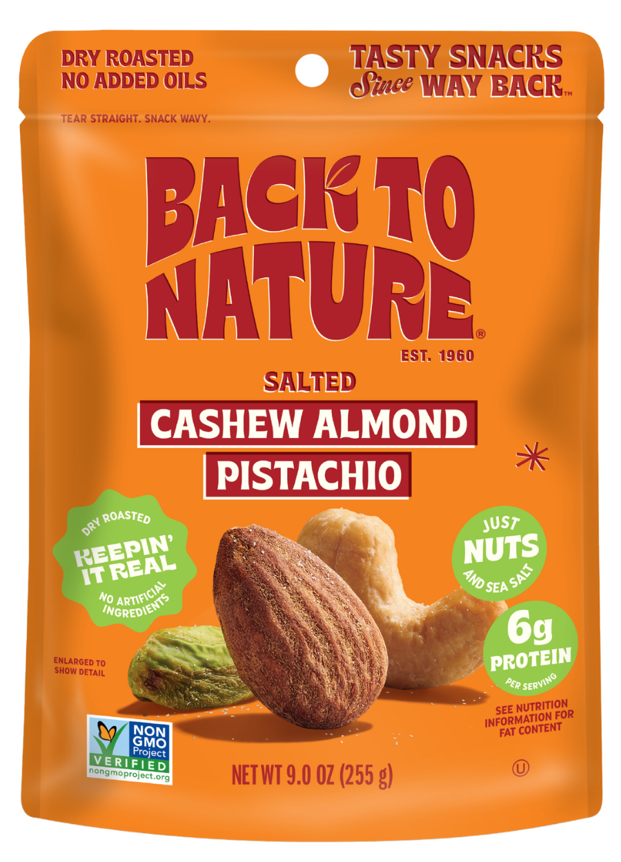 orange bag of cashew almond pistachio mix