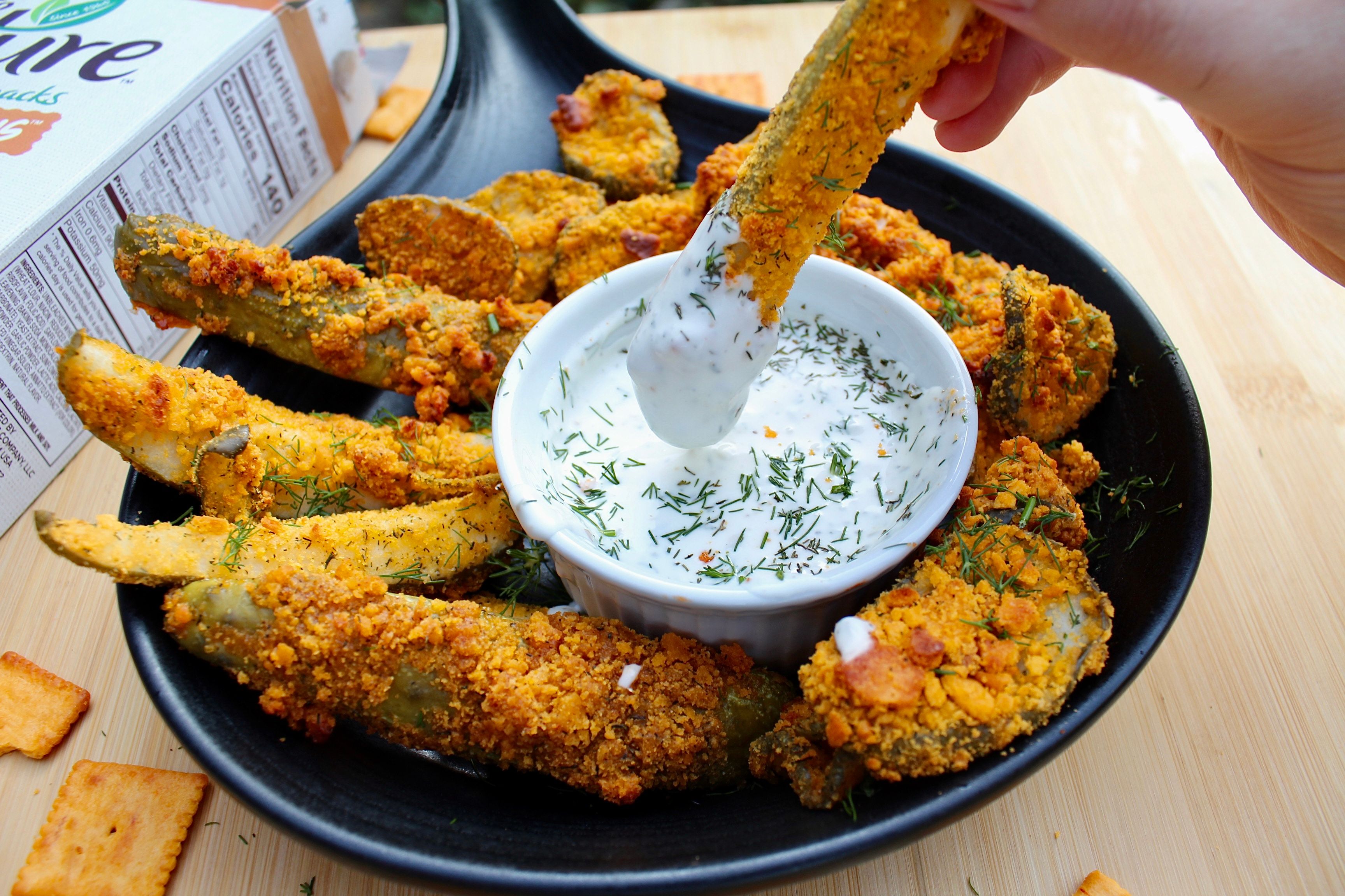 Crispy cheezy pickles on a plate