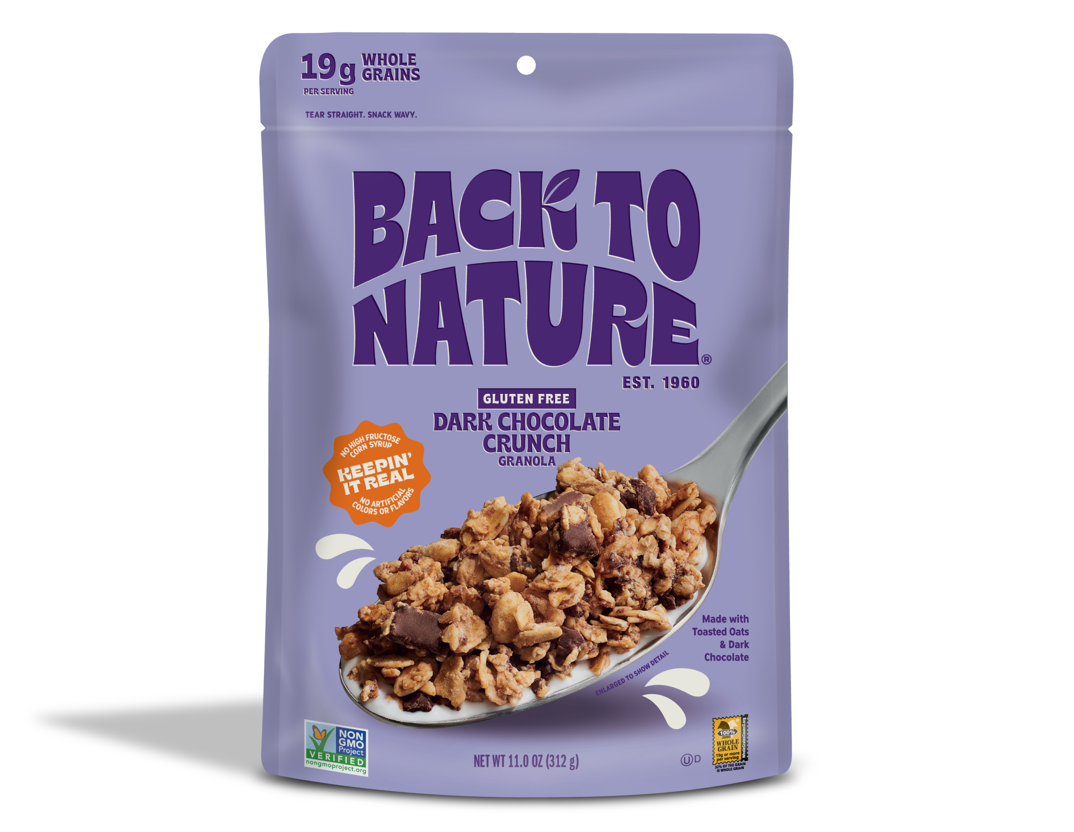 Light purple bag of Back to Nature Gluten Free Dark Chocolate Crunch Granola