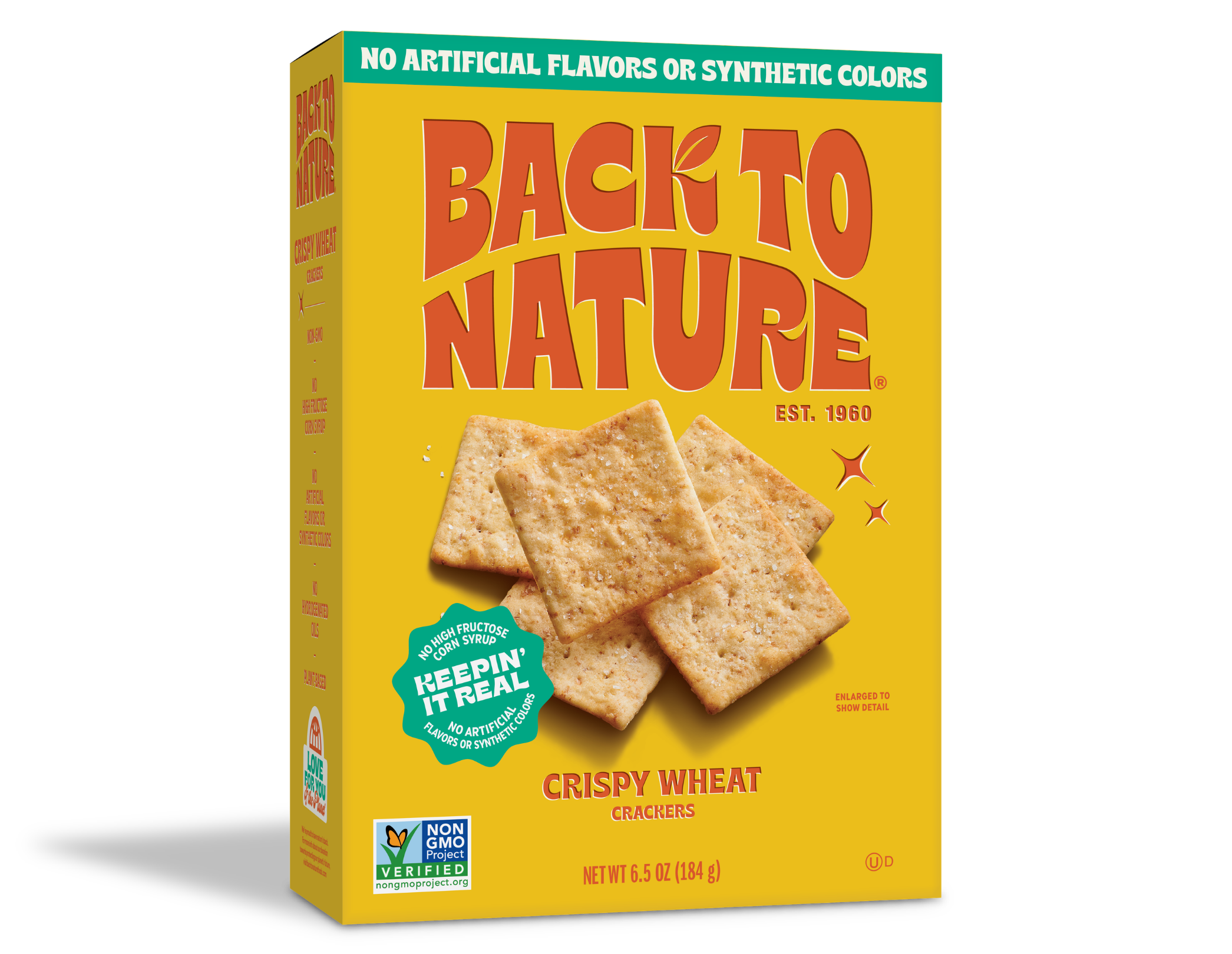 Bright yellow box of Back to Nature Crispy Wheat Crackers