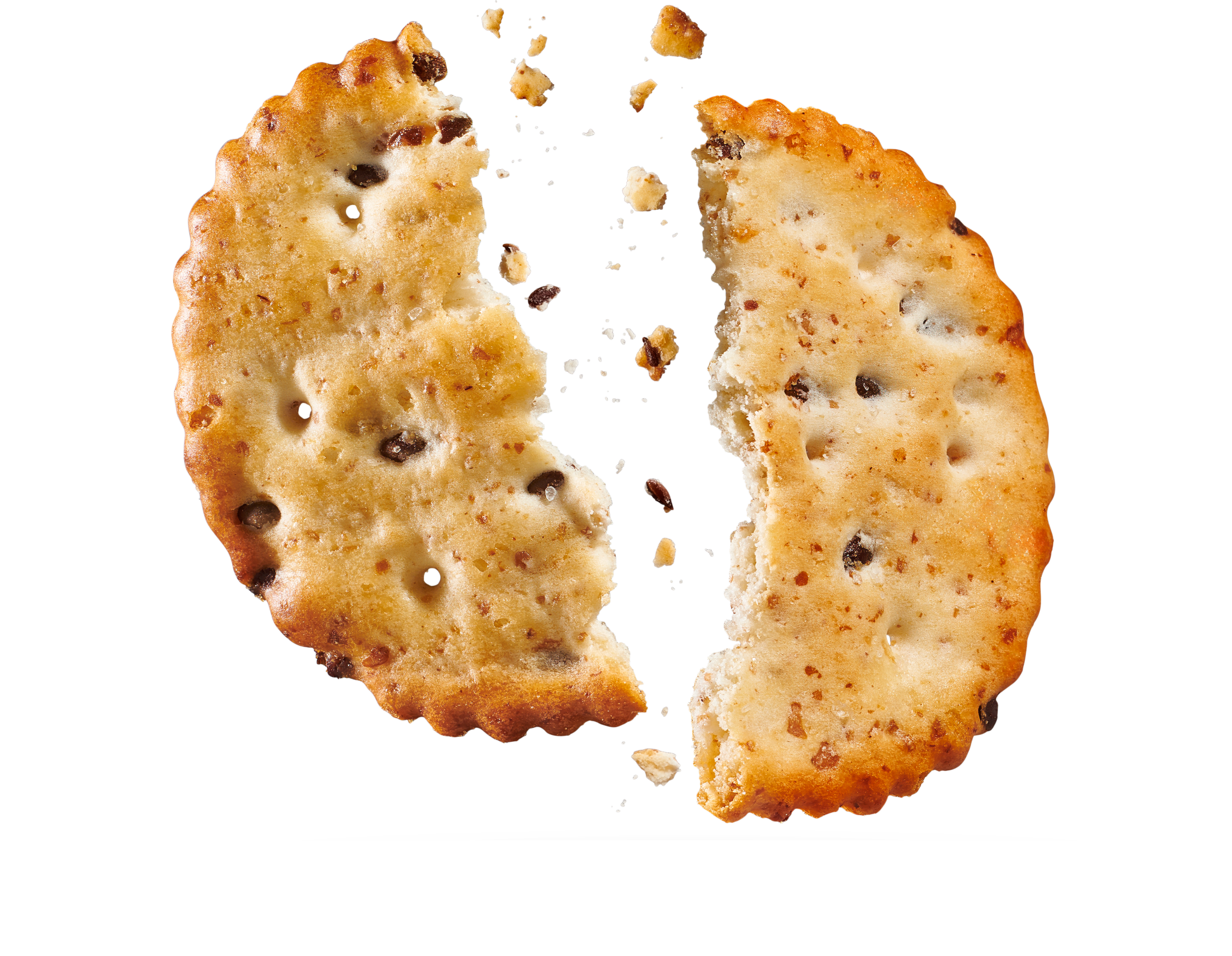 A broken Stoneground Wheat cracker, hovering in the air