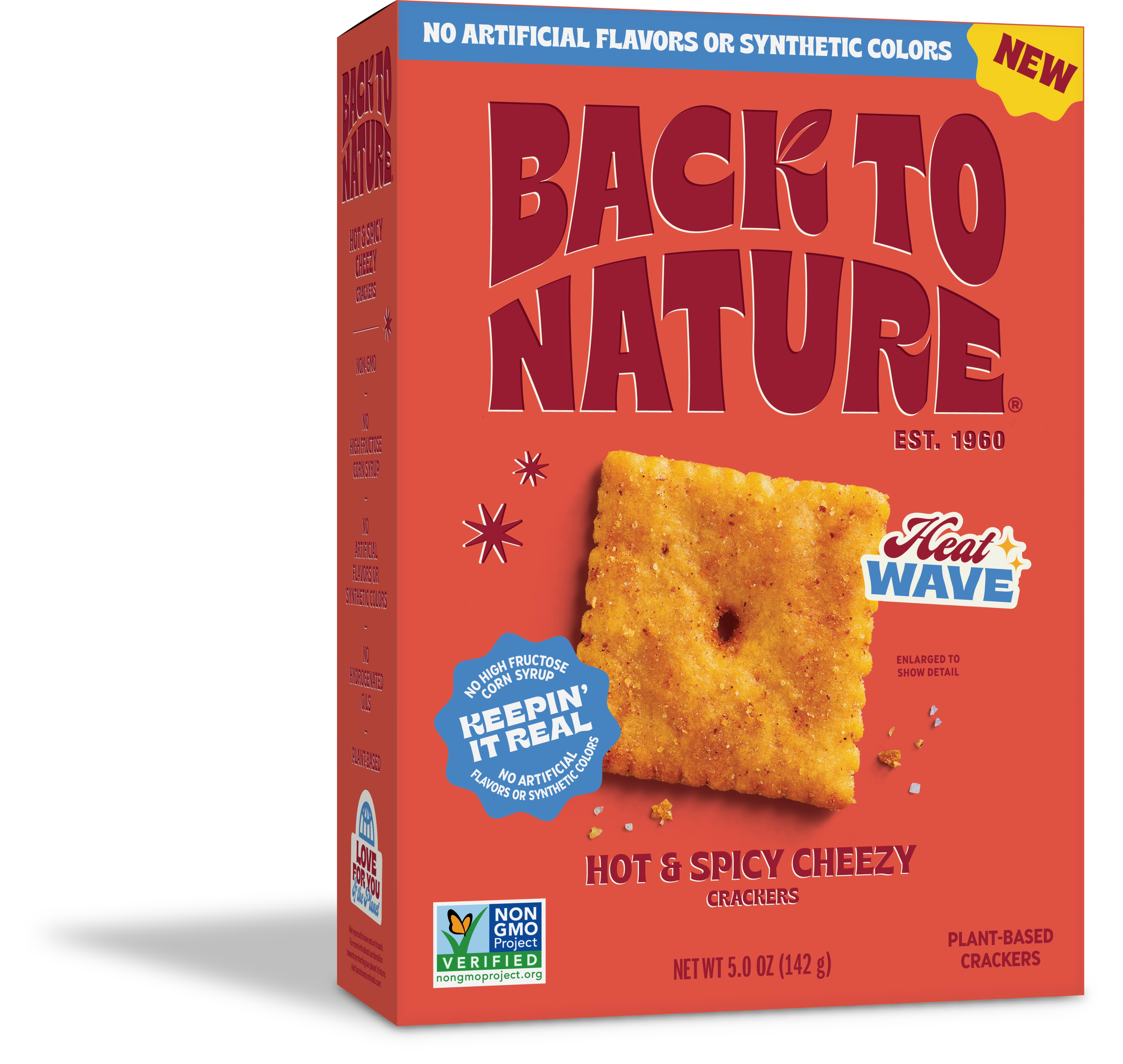 Light red box of Back to Nature Hot & Spicy Cheezy Crackers