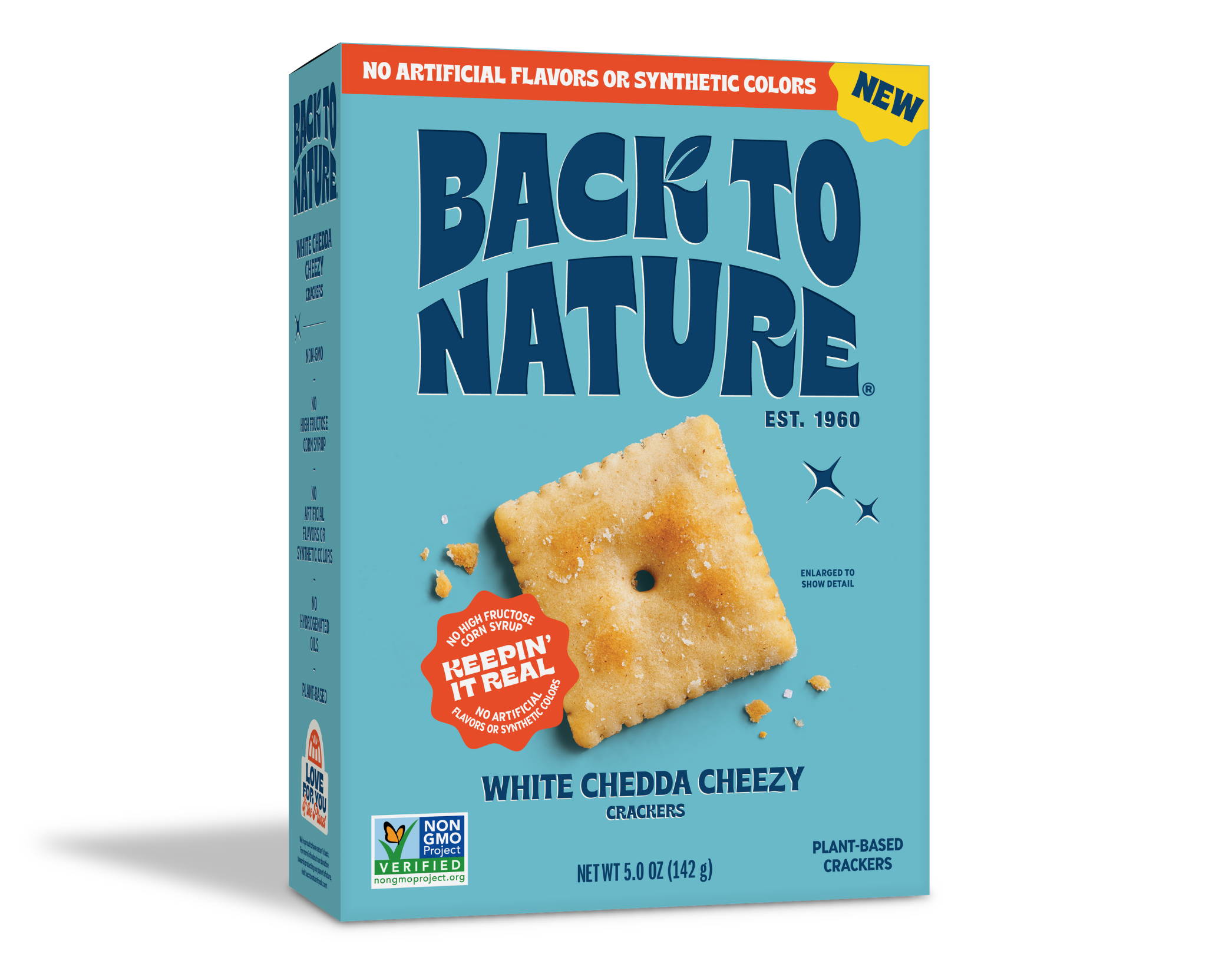 Light blue box of Back to Nature White Chedda Cheezy Crackers