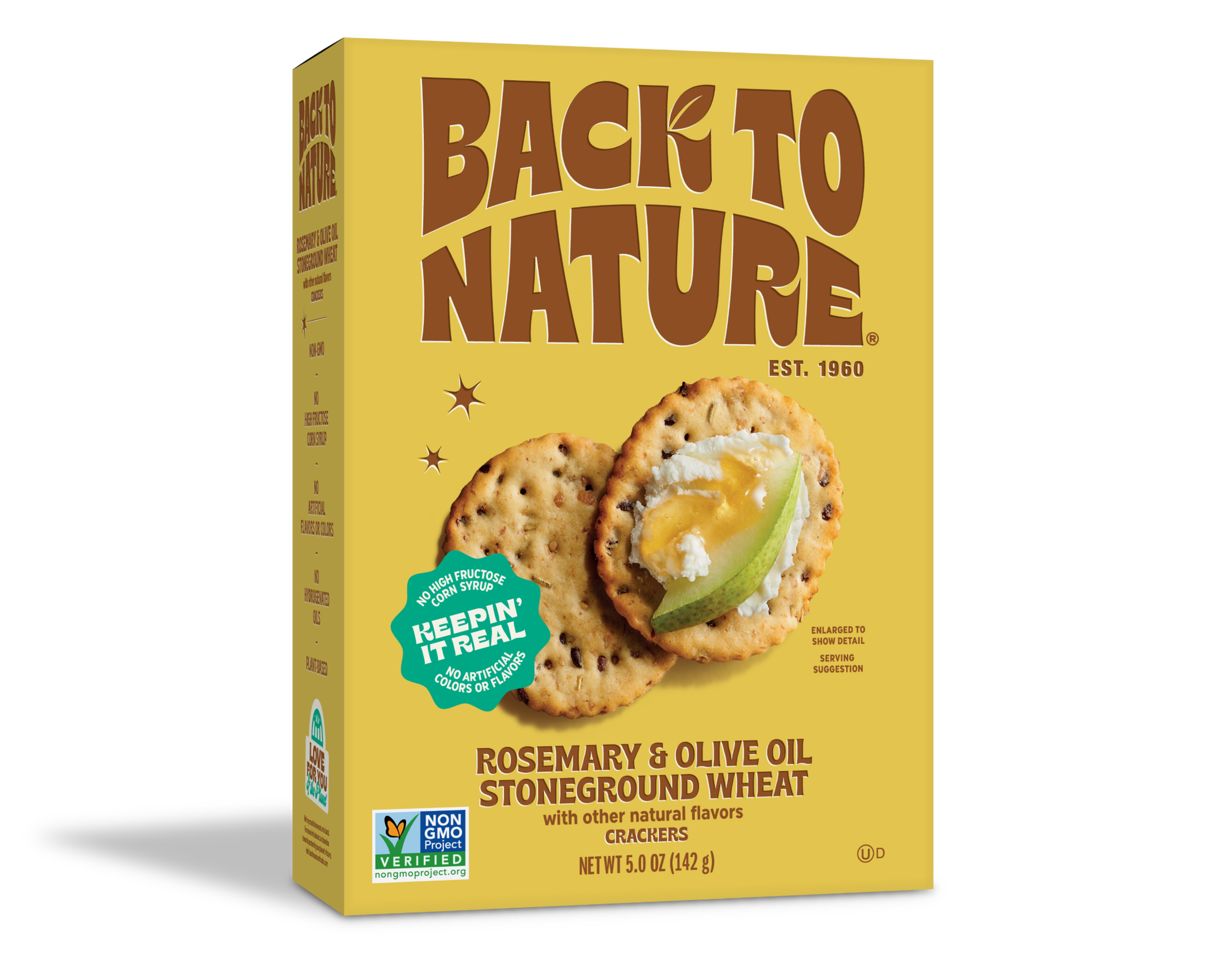 Light yellow box of Back to Nature Rosemary and Olive Oil Stoneground Wheat Crackers