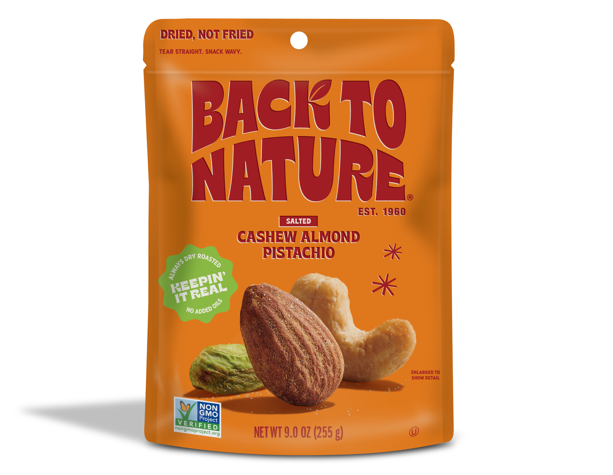 Orange bag of Back to Nature Salted Cashew Almond Pistachio nuts