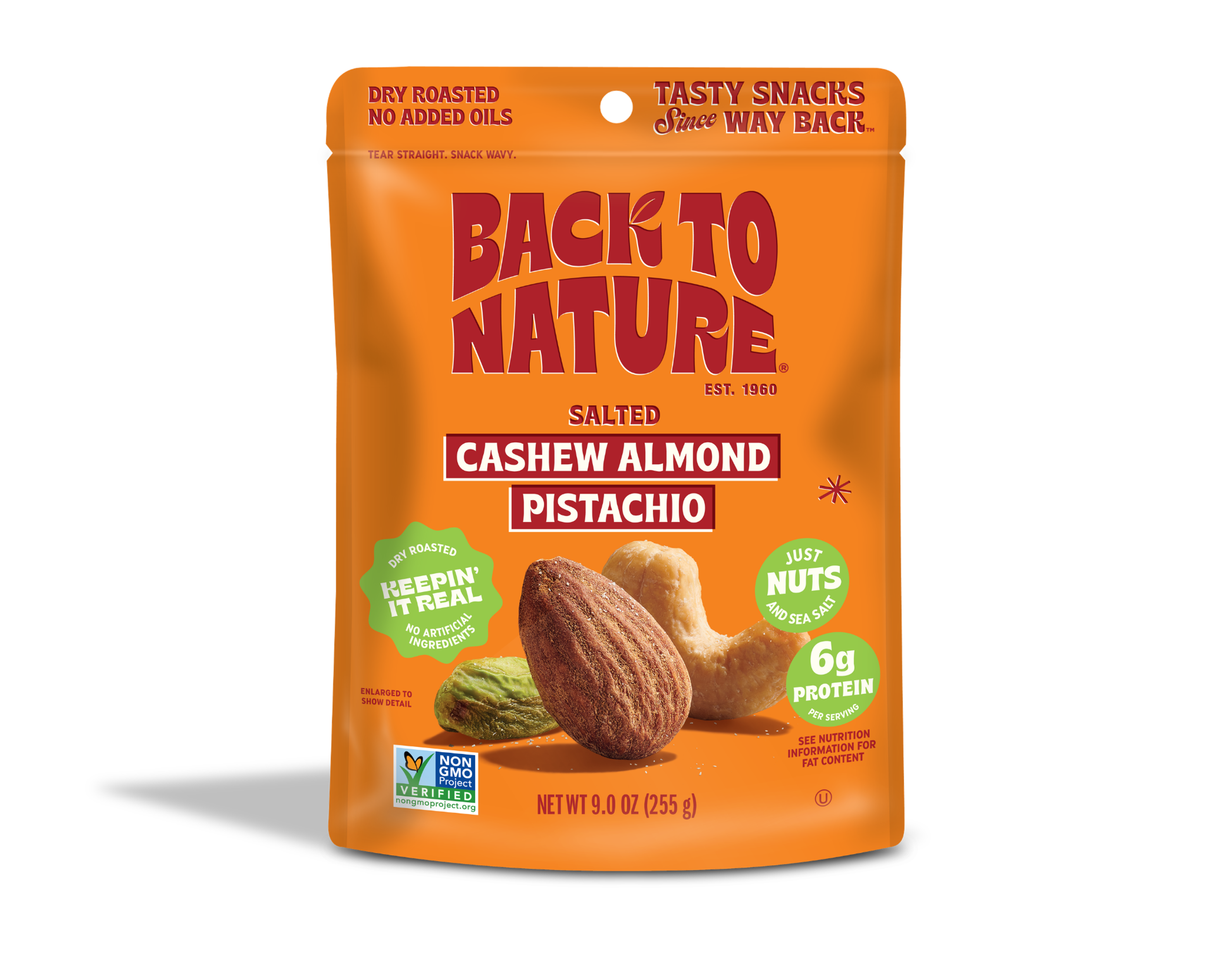 Orange bag of Back to Nature Salted Cashew Almond Pistachio nuts