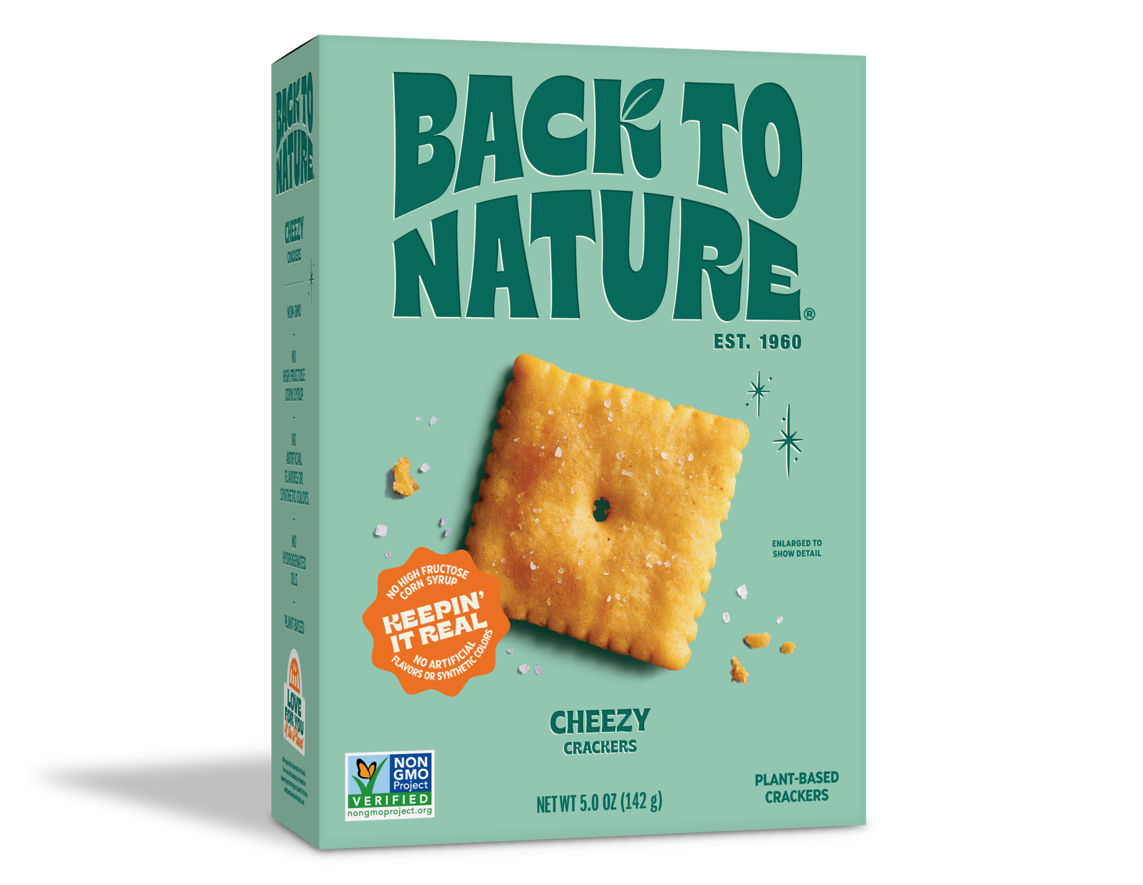 Seafoam green box of Back to Nature Cheezy Crackers