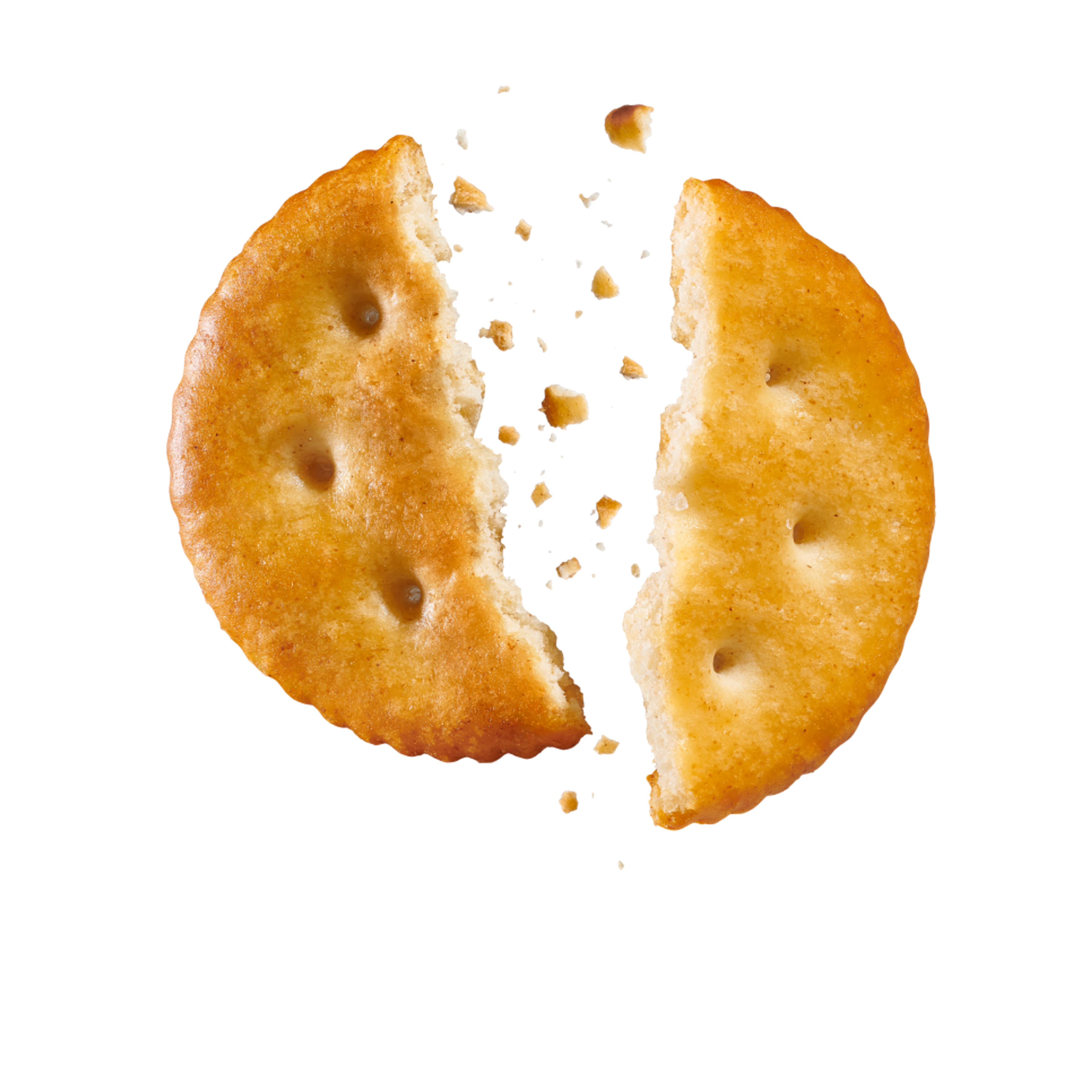 One Round Classic Cracker breaks in half with floating cracker crumbs on a turquoise background