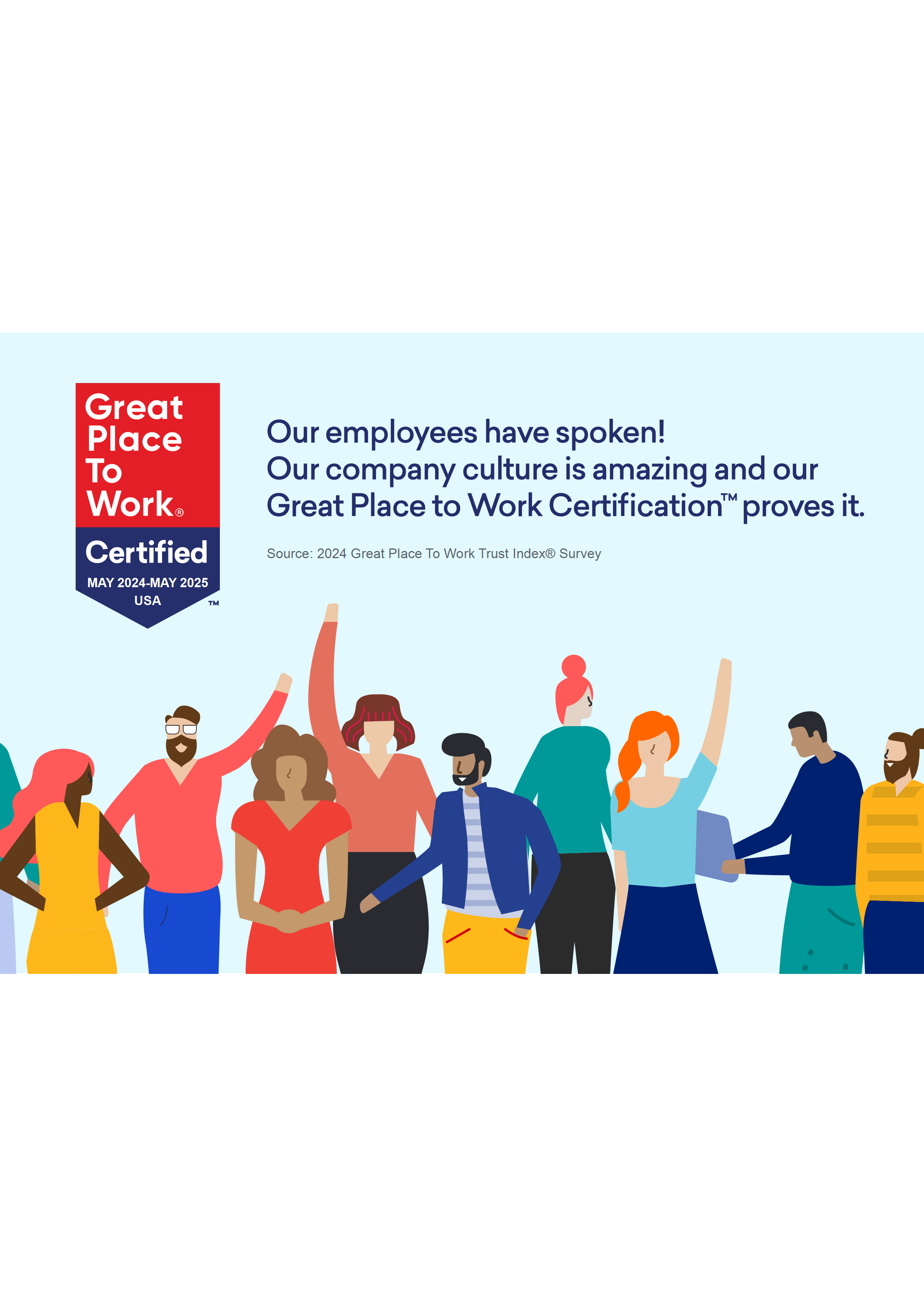 Great place to work certification badge with illustrated graphic of happy employees