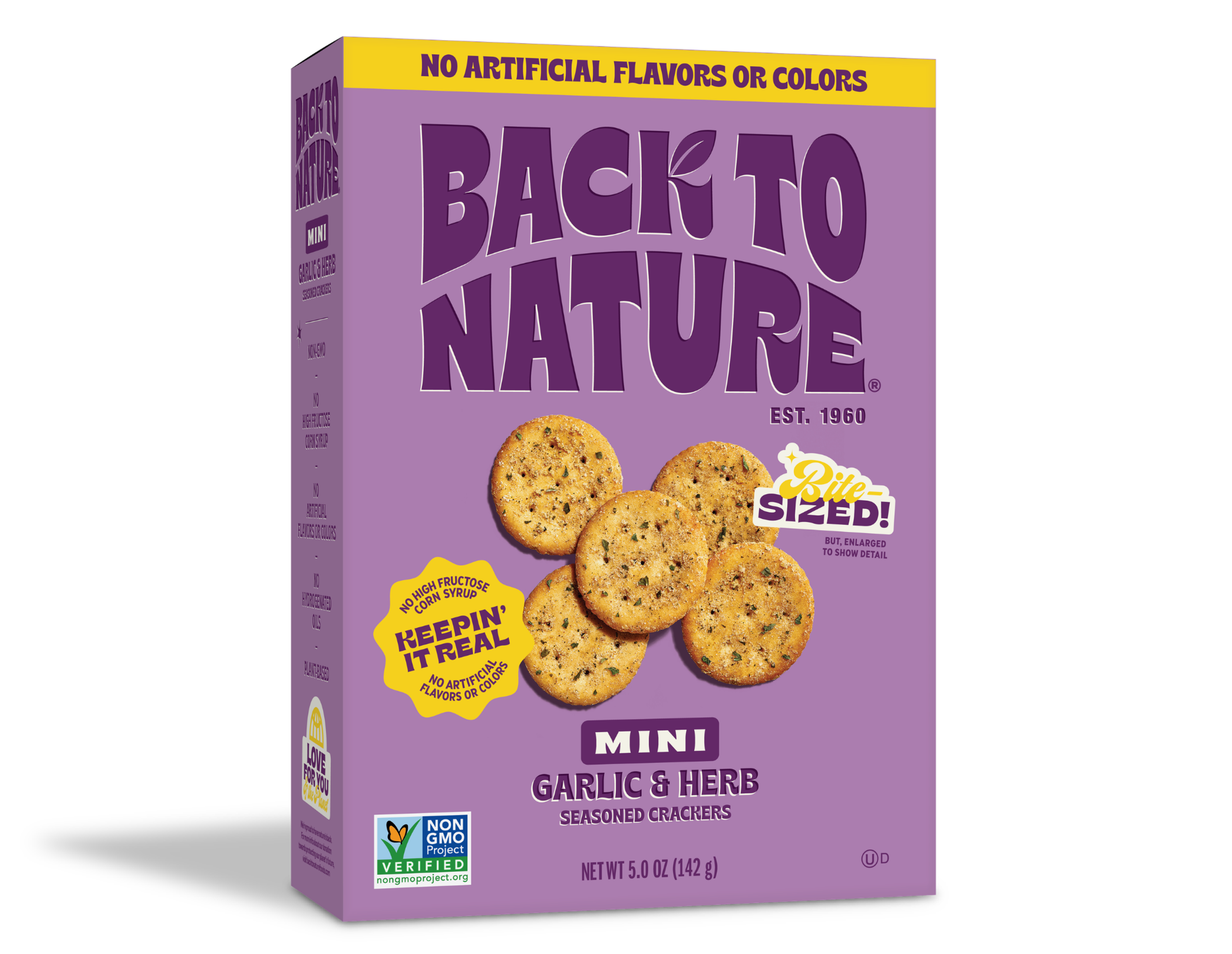 Light purple box of Back to Nature Garlic & Herb Mini Seasoned Crackers