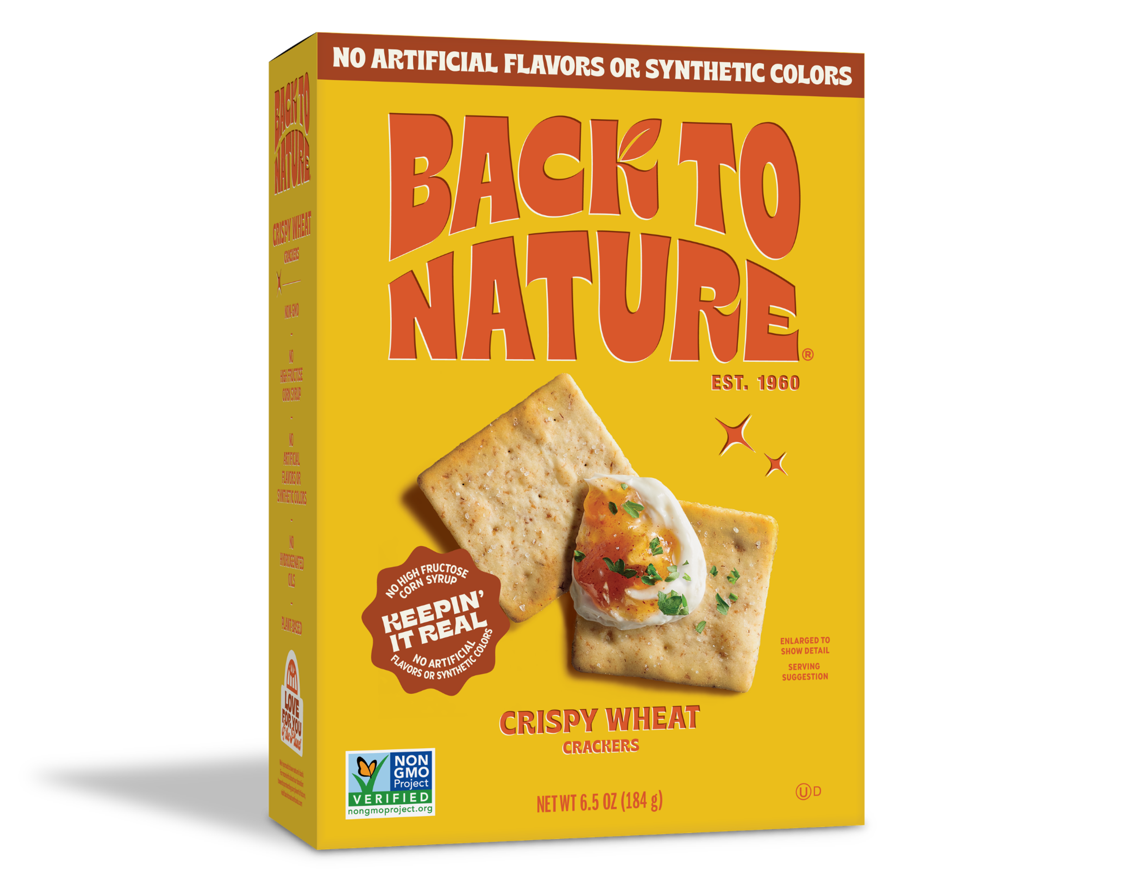 Bright yellow box of Back to Nature Crispy Wheat Crackers