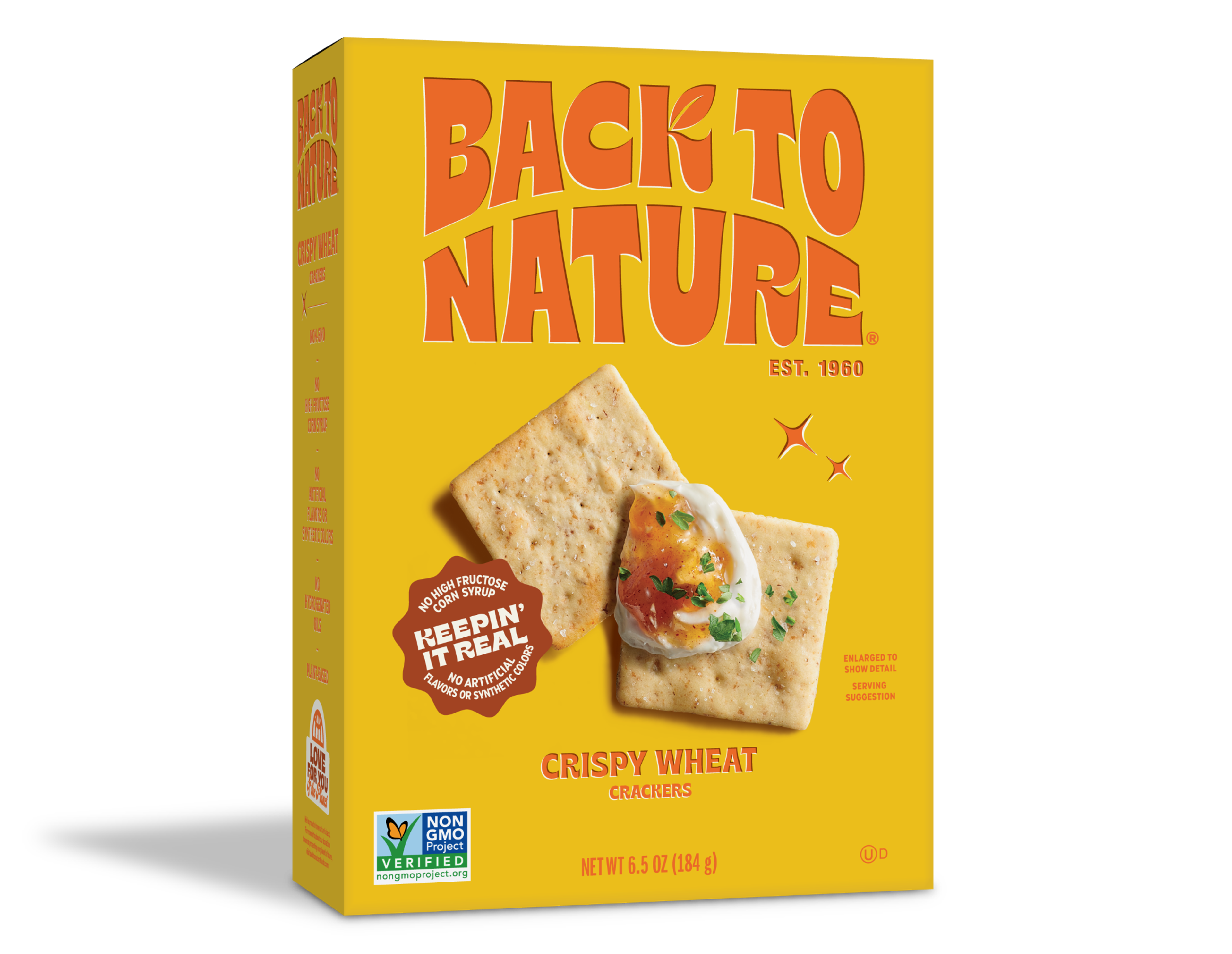 Bright yellow box of Back to Nature Crispy Wheat Crackers