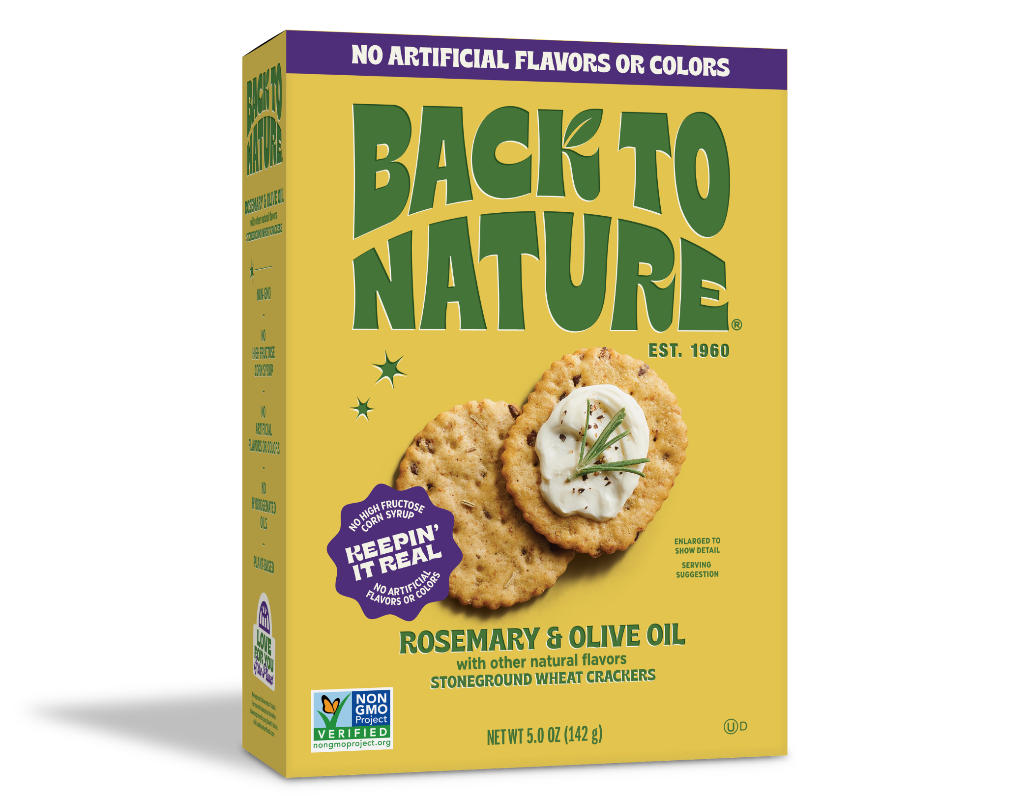 Light yellow box of Back to Nature Rosemary and Olive Oil Stoneground Wheat Crackers