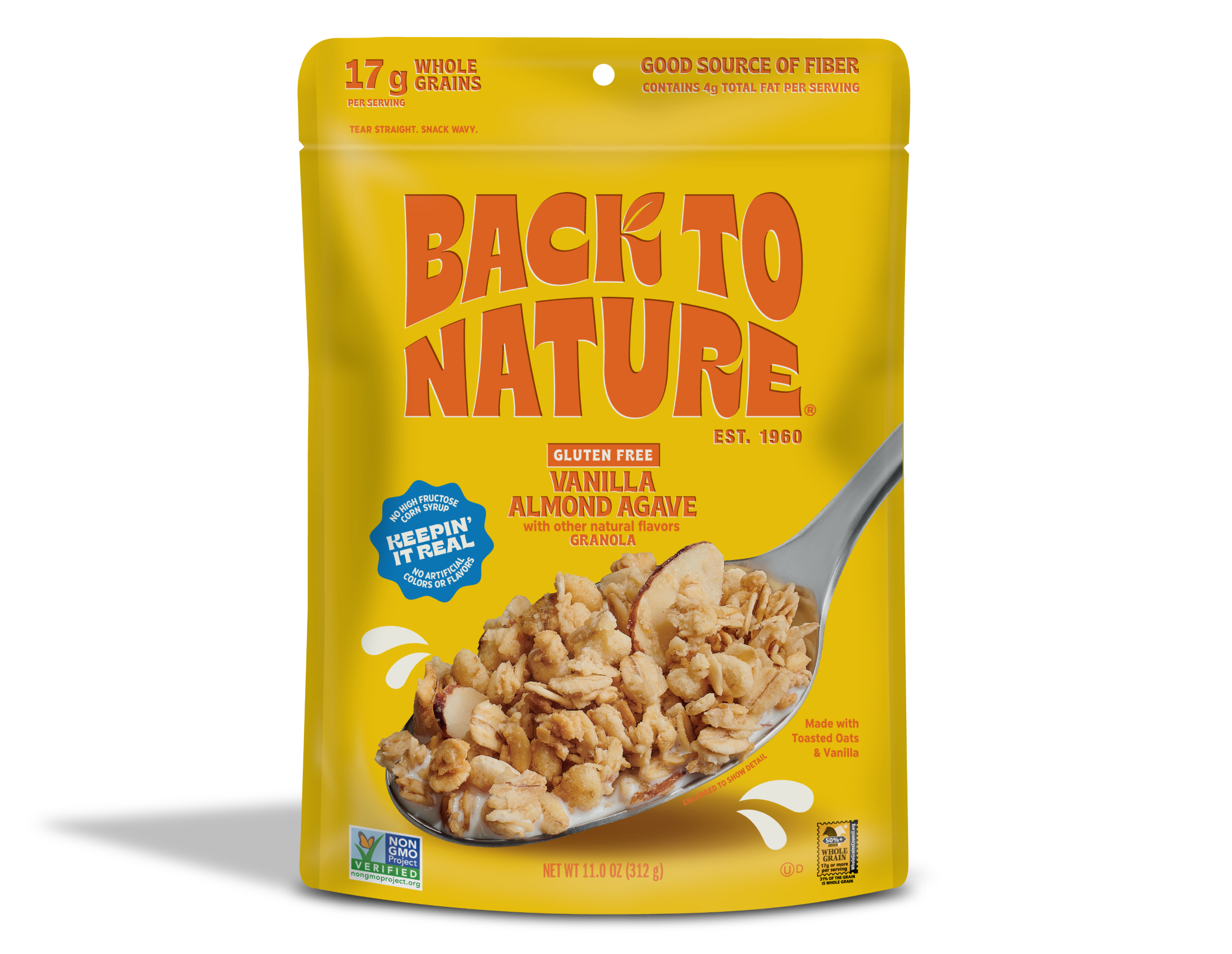 Bright yellow bag of Back to Nature Vanilla Almond Agave Granola