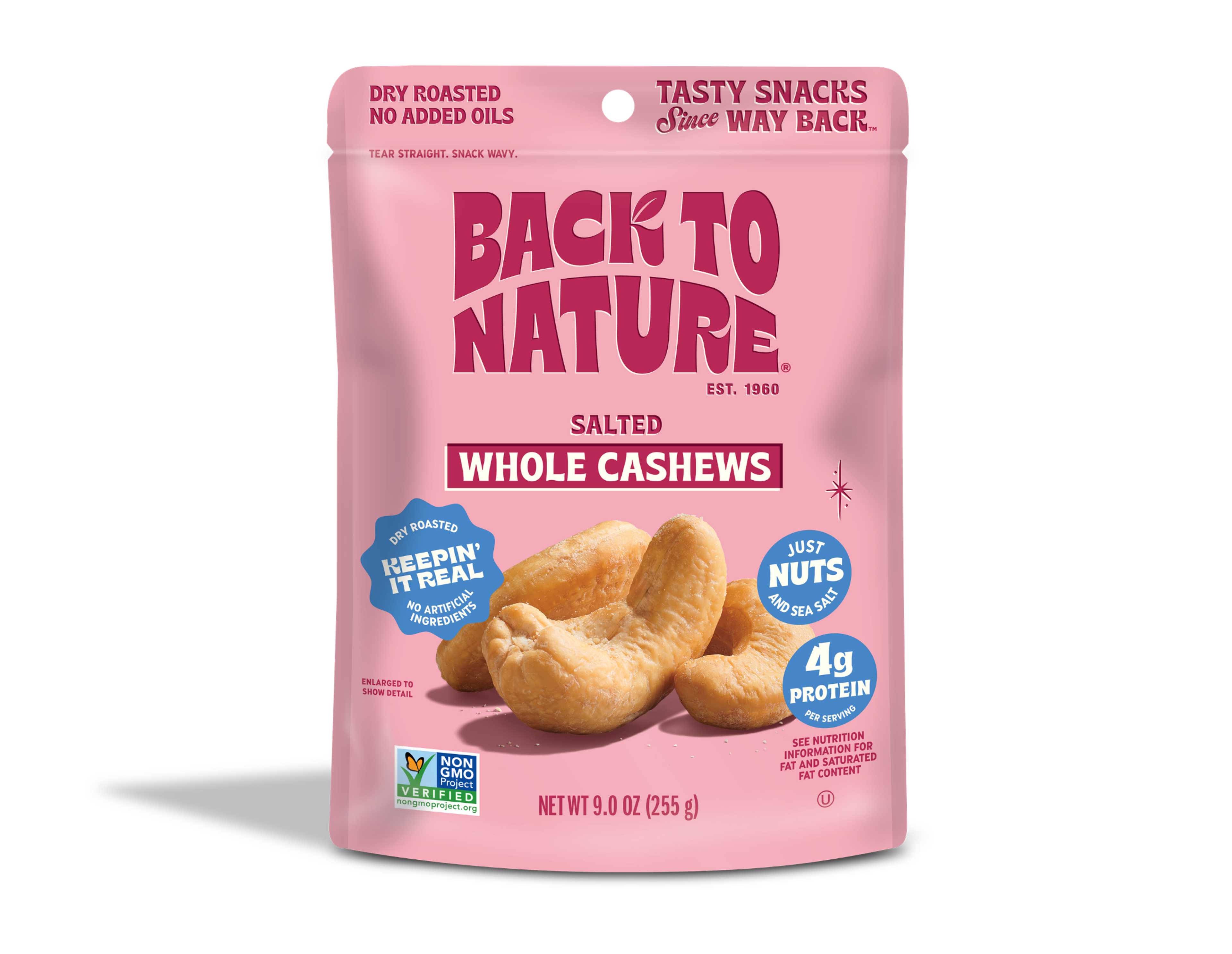 Light pink bag of Back to Nature Salted Whole Cashews