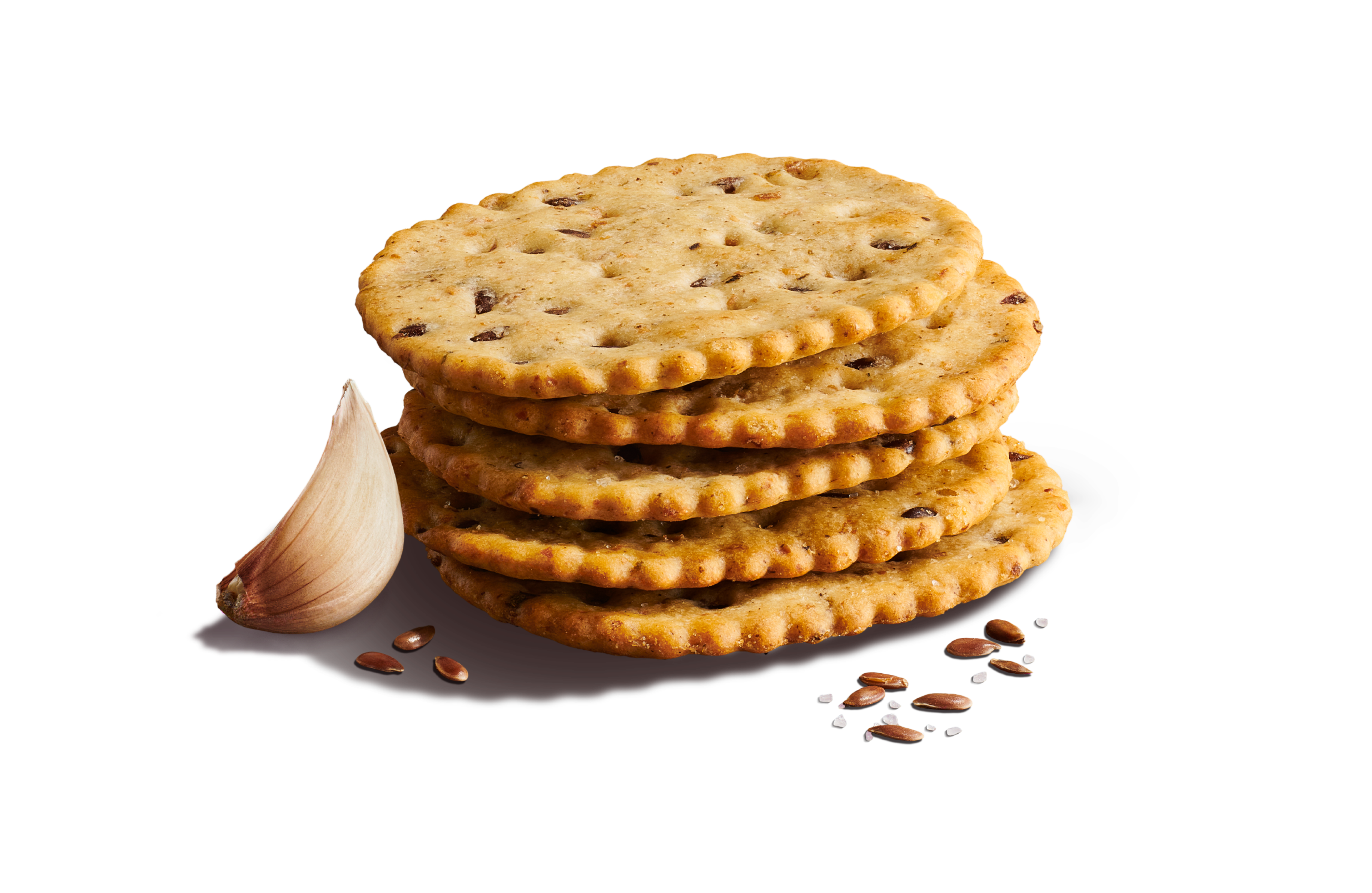 Close-up of two layered, round crackers on a light purple background with a scoop of guacamole and peppers. 