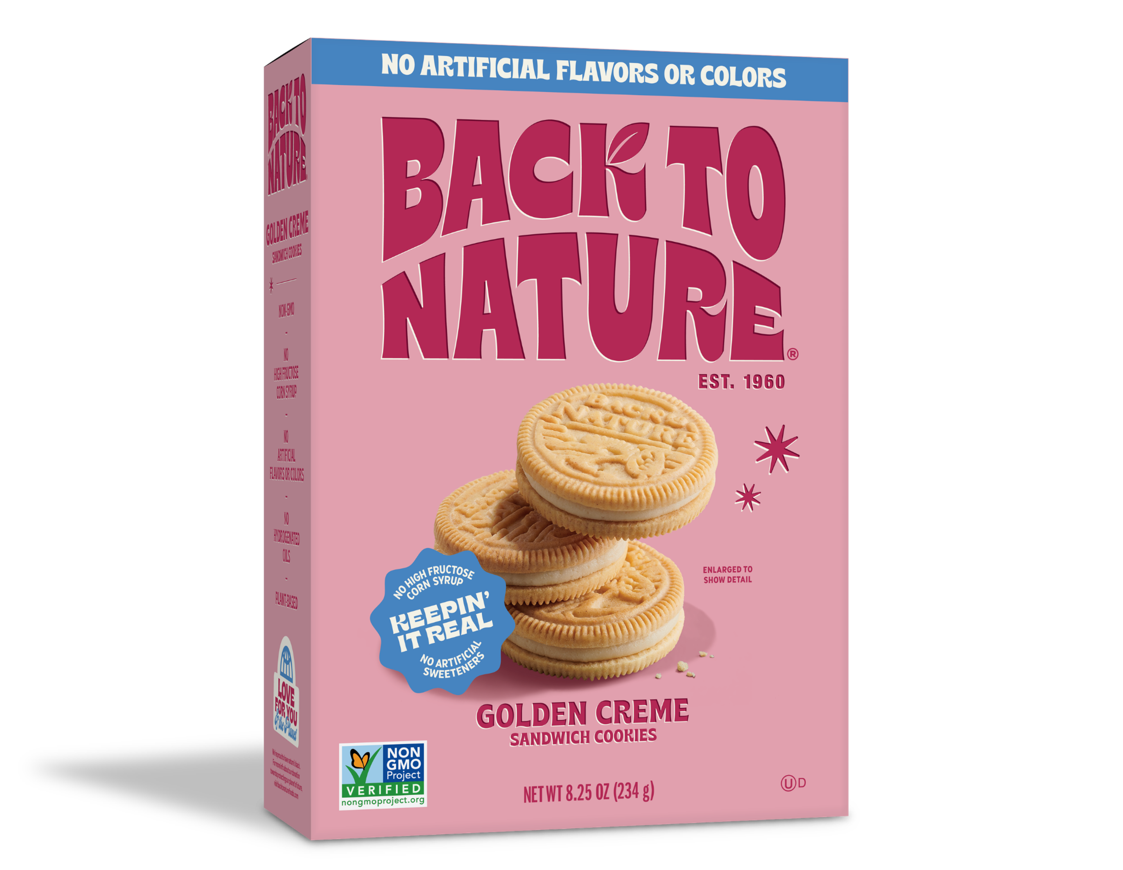 Light pink box of Back to Nature Golden Creme Sandwich Cookies