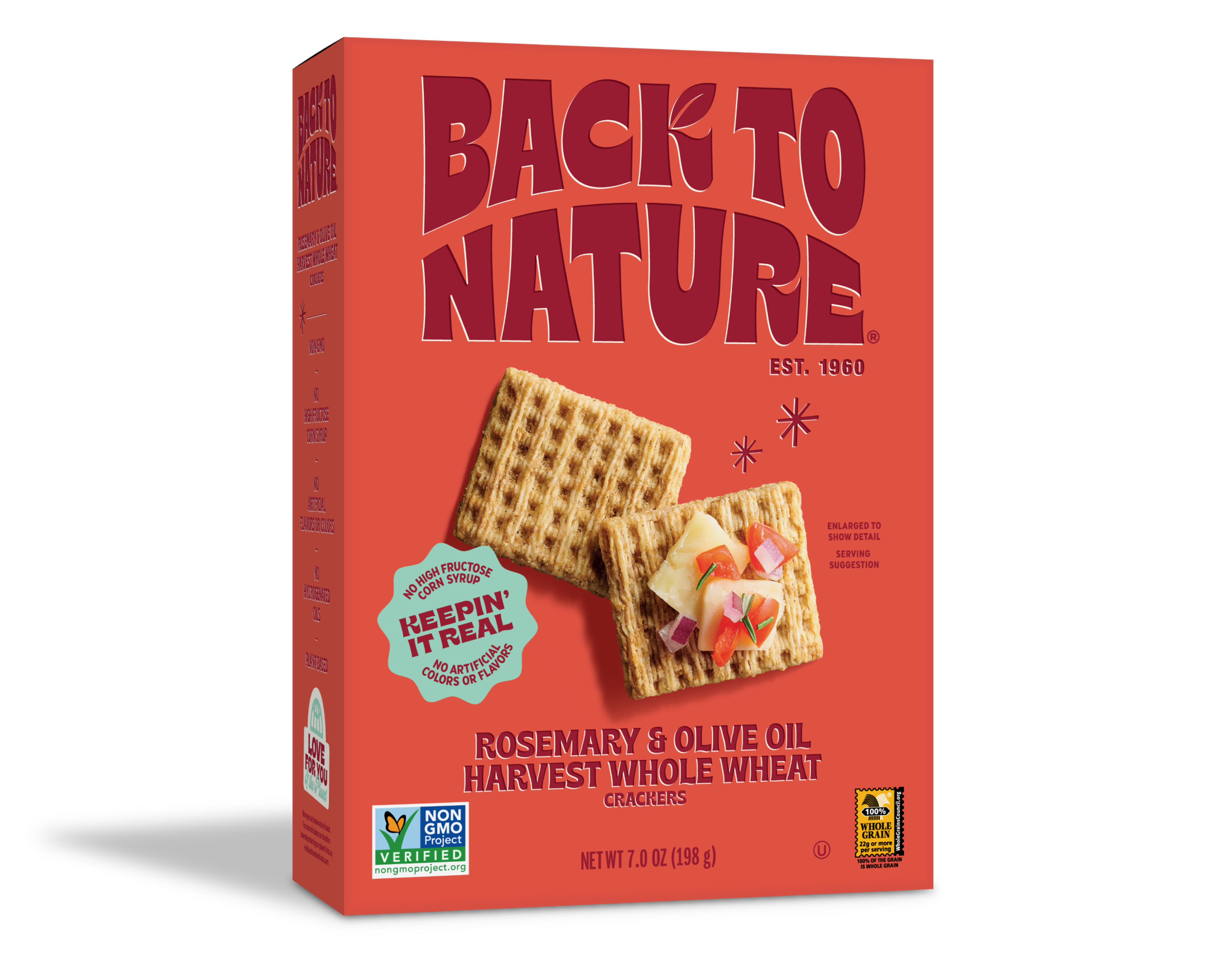 Light red box of Back to Nature Rosemary and Olive Oil Harvest Whole Wheat Crackers