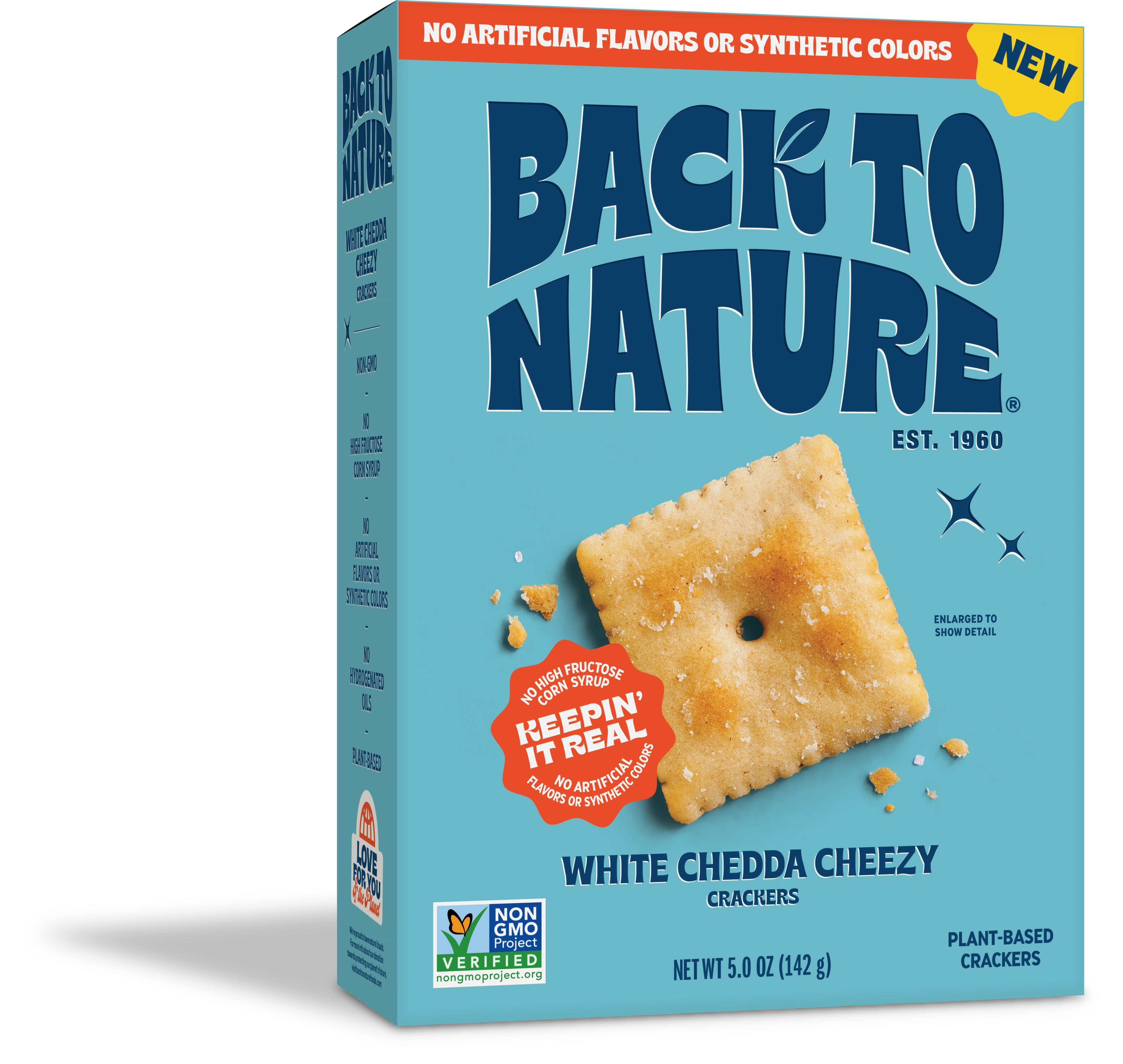Light blue box of Back to Nature White Chedda Cheezy Crackers
