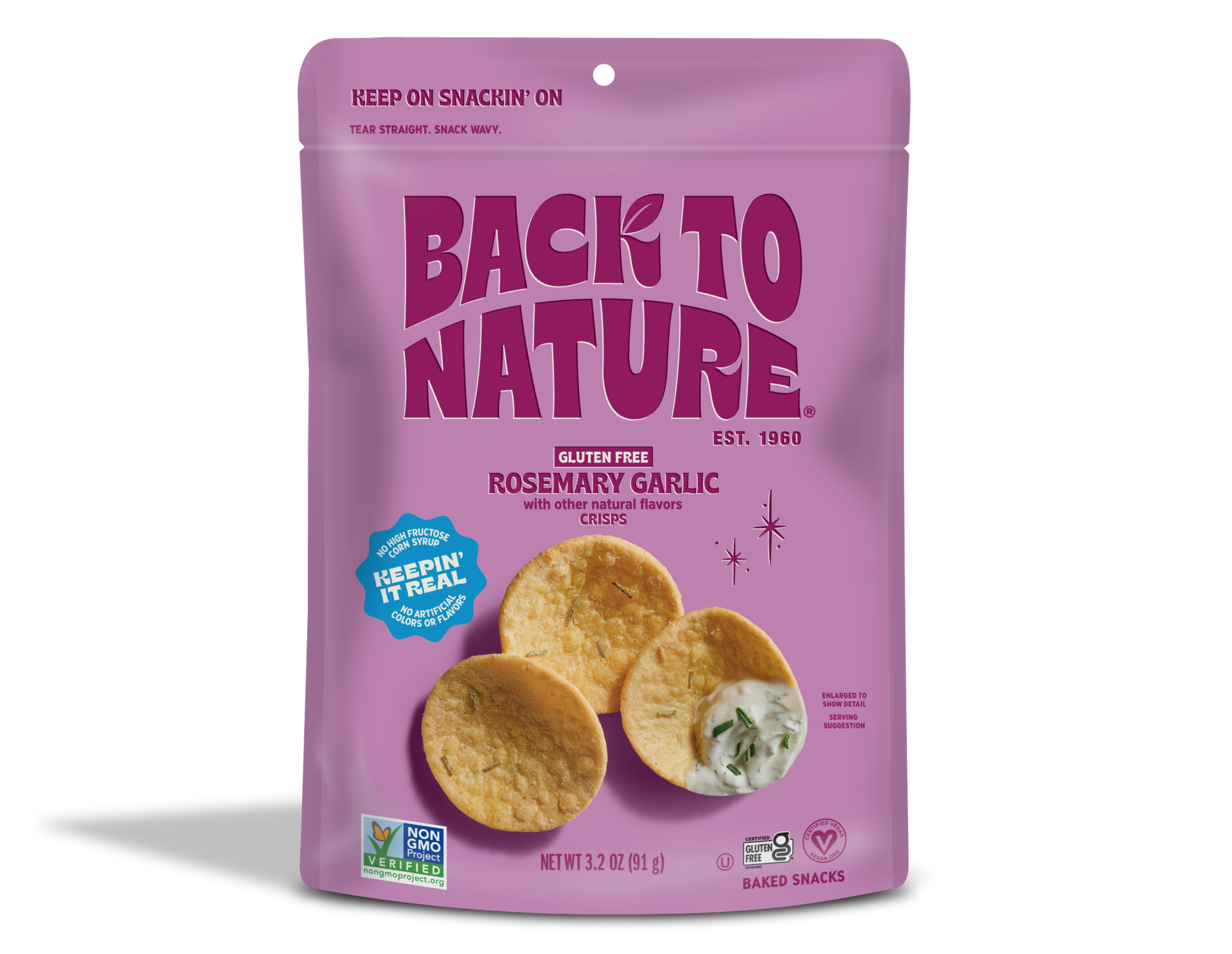 Light purple bag of Back to Nature Rosemary Garlic Crisps