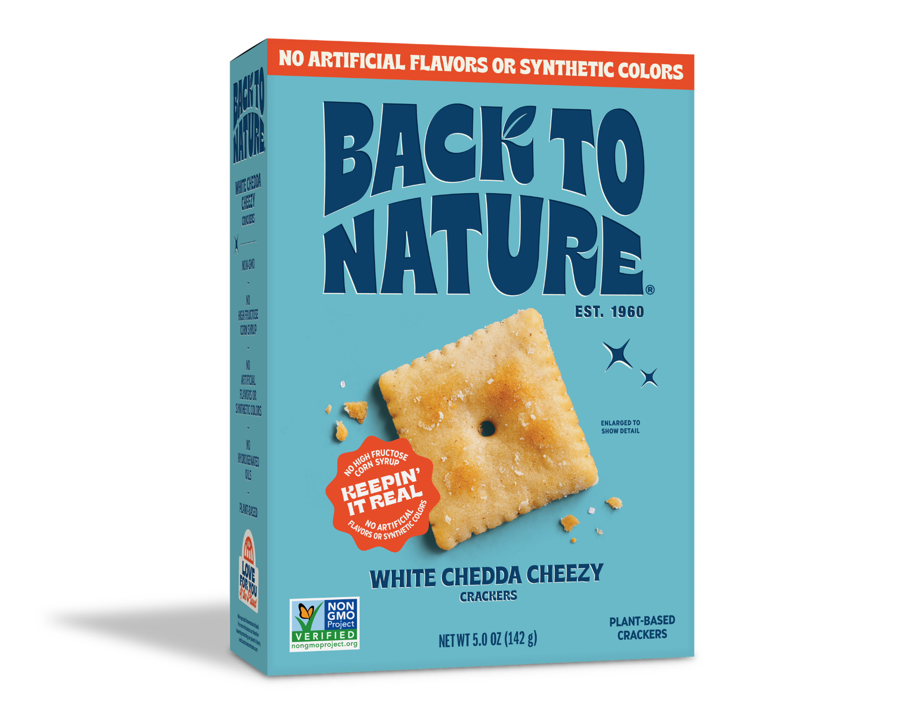 Light blue box of Back to Nature White Chedda Cheezy Crackers