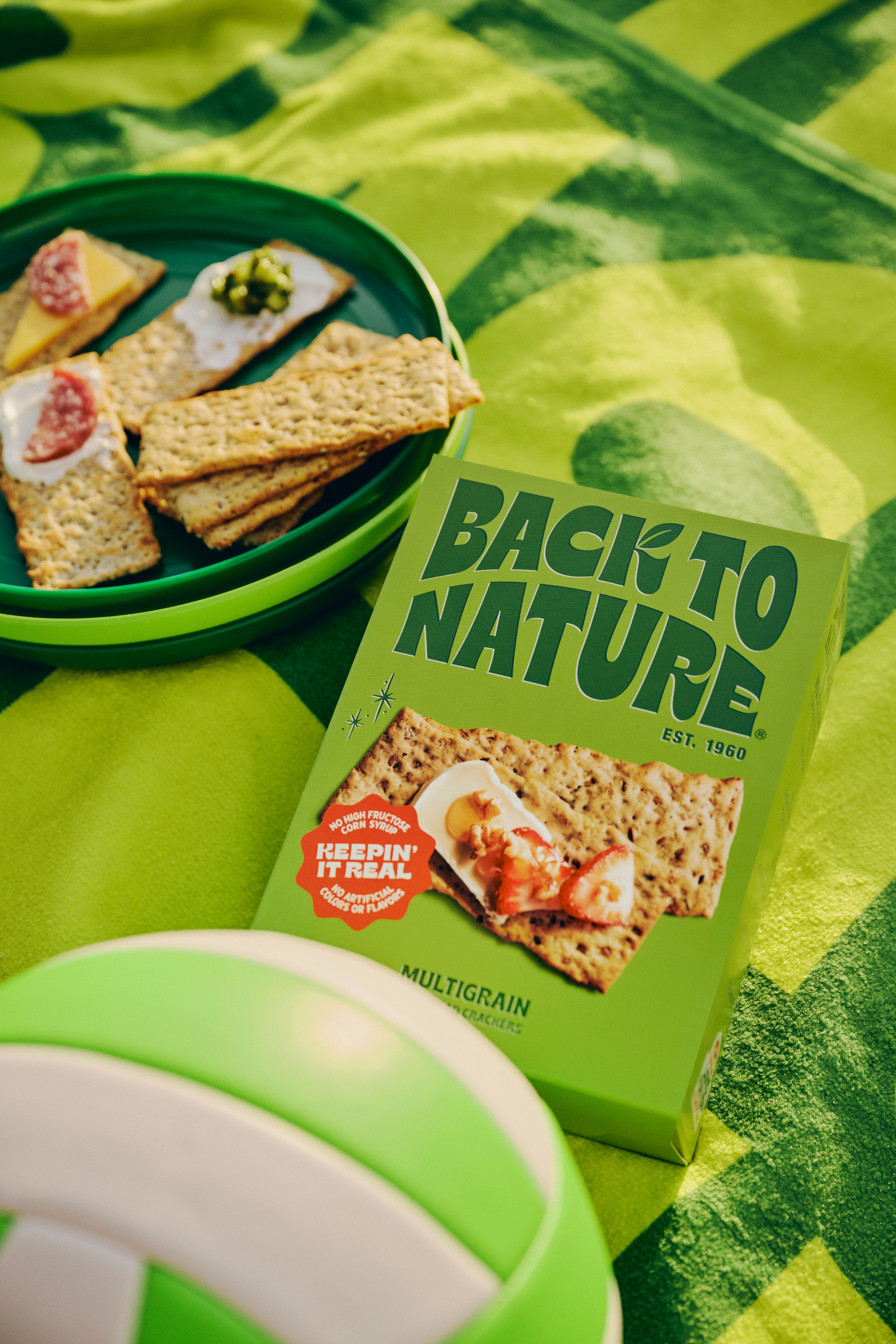 Crackers with spread on a picnic blanket